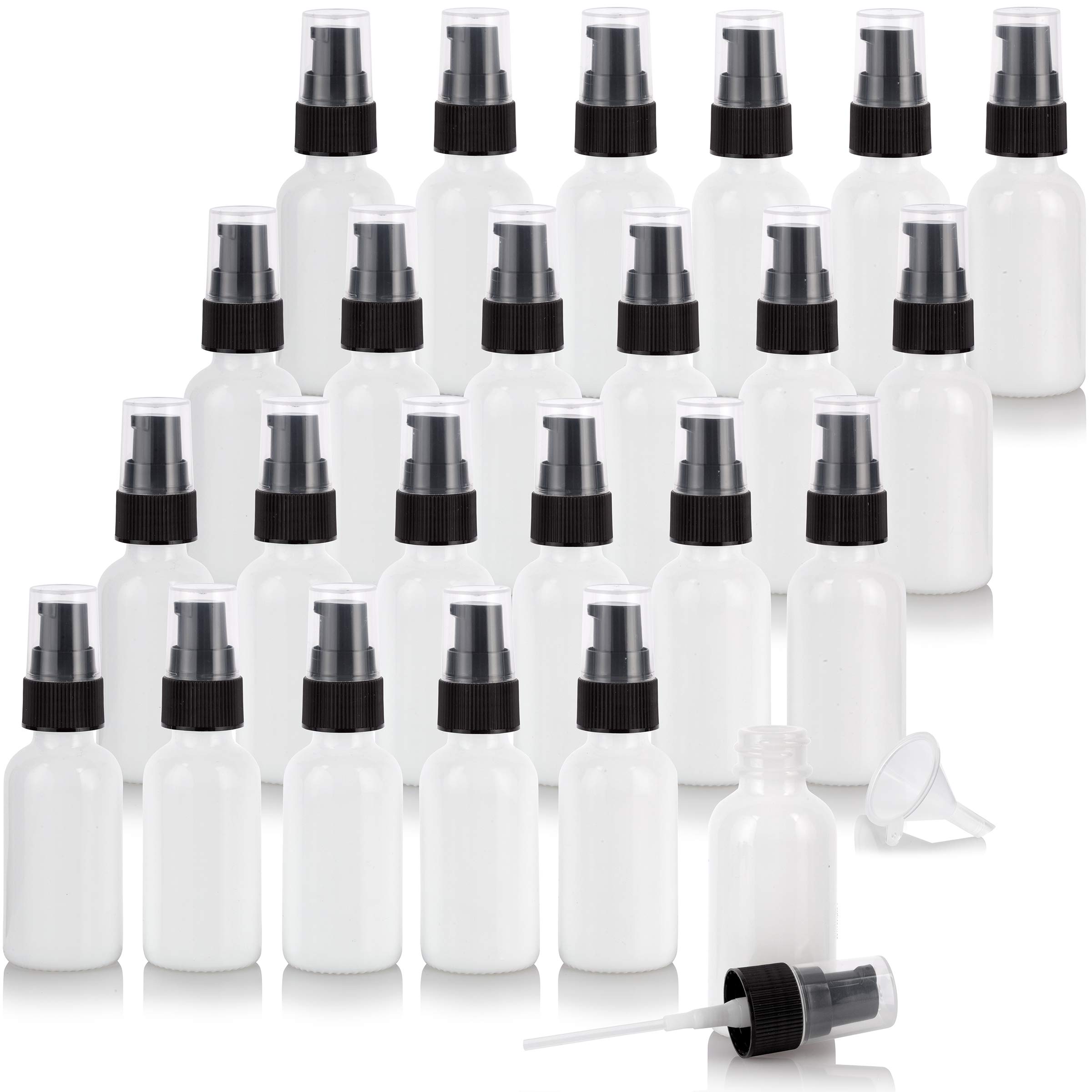 JUVITUS 1 oz Opal White Glass Boston Round Bottles with Black Treatment Pump (24 Pack) + Funnel - Perfect for Essential Oils, DIY Skincare & Travel-Sized Beauty Products