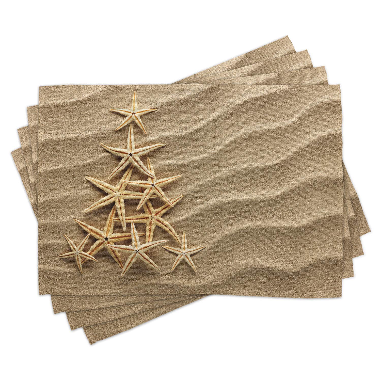 Ambesonne Starfish Place Mats Set of 4 - Coastal Christmas Tree Shell Design Washable Fabric Table Mats for Dining Room & Kitchen Decor in Pale Brown | Perfect for Beach House, Summer Parties & Holiday Gatherings
