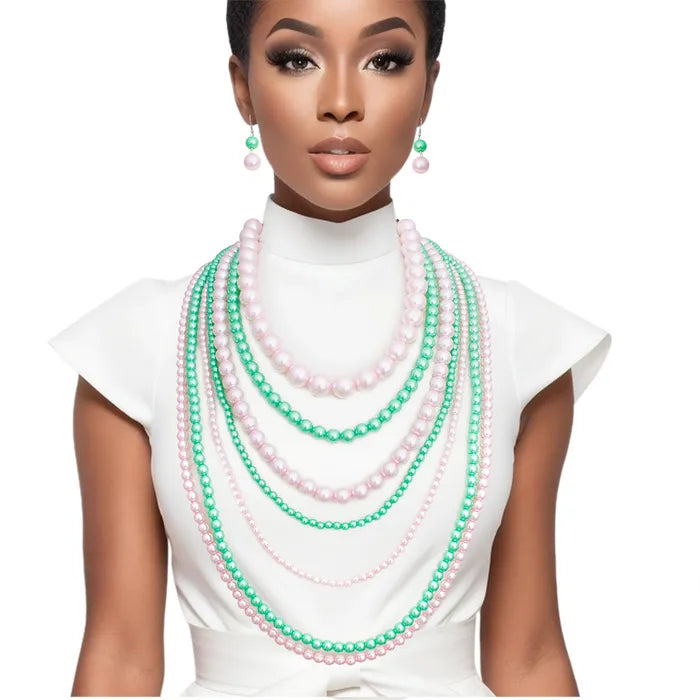 Elegant 7-Row Pink & Green Pearl Necklace for Women | Fashion Statement Jewelry for Parties, Weddings & Special Occasions