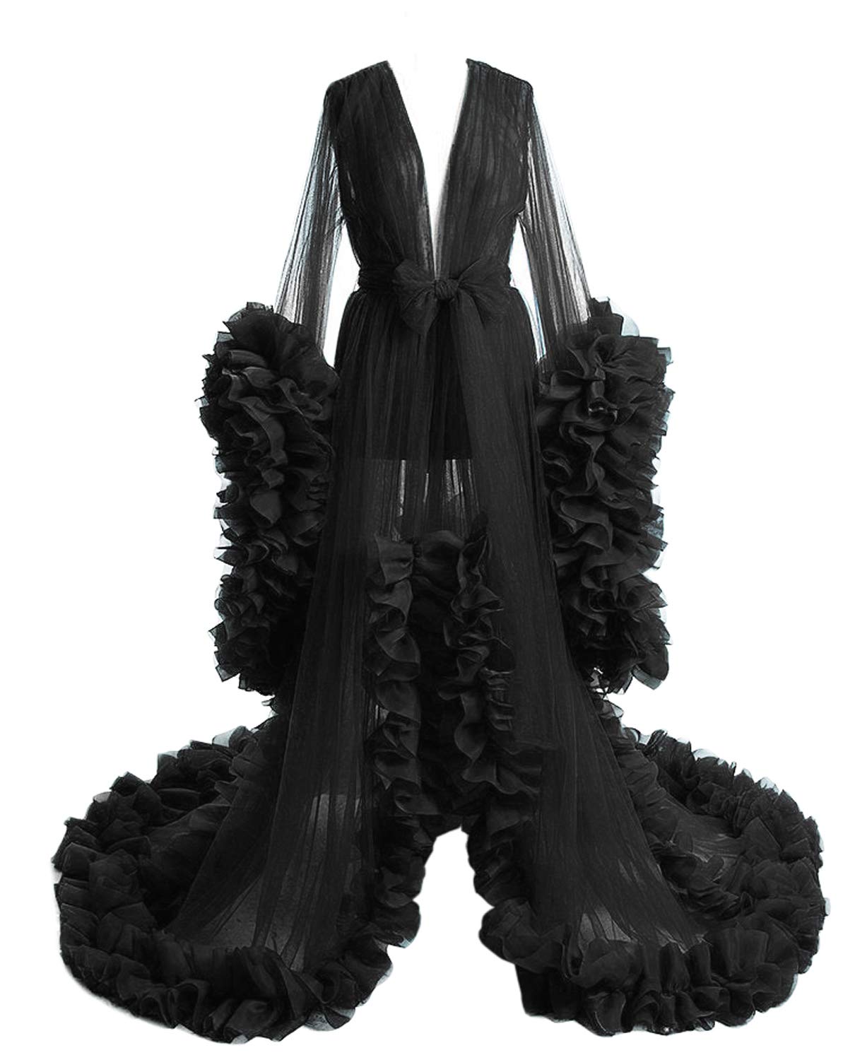 Sexy Women's Illusion Tulle Lingerie Robe - Long Bridal Nightgown, Bathrobe & Sleepwear for Wedding, Honeymoon & Boudoir Photography