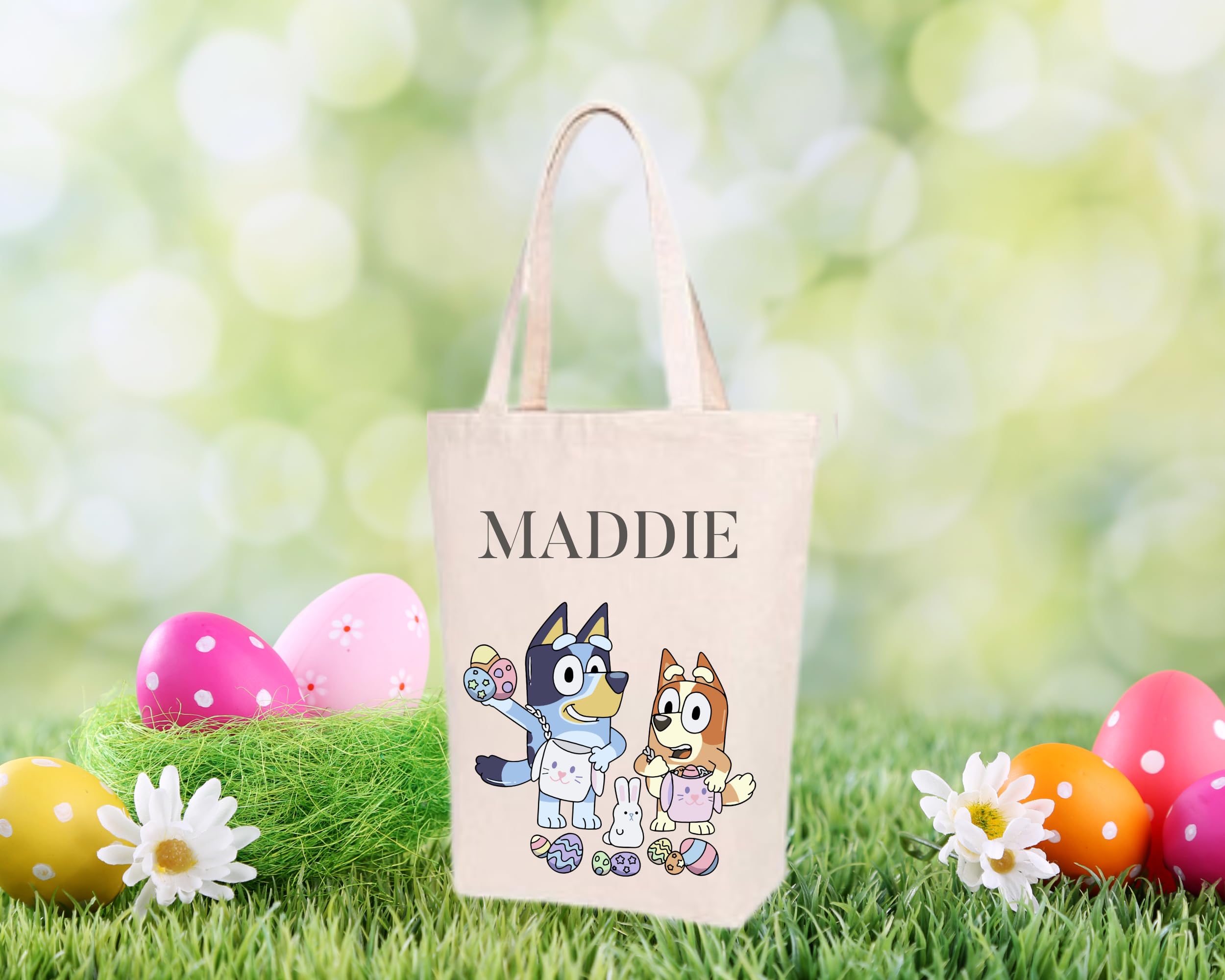 Personalized Blue Easter Basket Bag for Boys & Girls - Custom Bluey Themed Kids Easter Gift Set with Stuffer Space (13