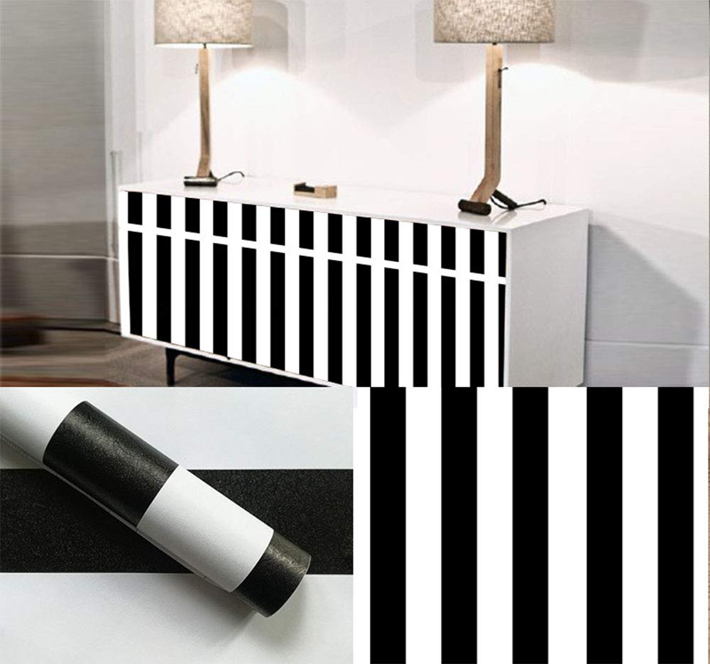 Black and White Striped Peel and Stick Wallpaper - Self Adhesive Vinyl Contact Paper for Cabinets, Drawers, Shelves & Furniture (17.7x117 Inches) - Easy Removable Decorative Liner for Home & Office Décor