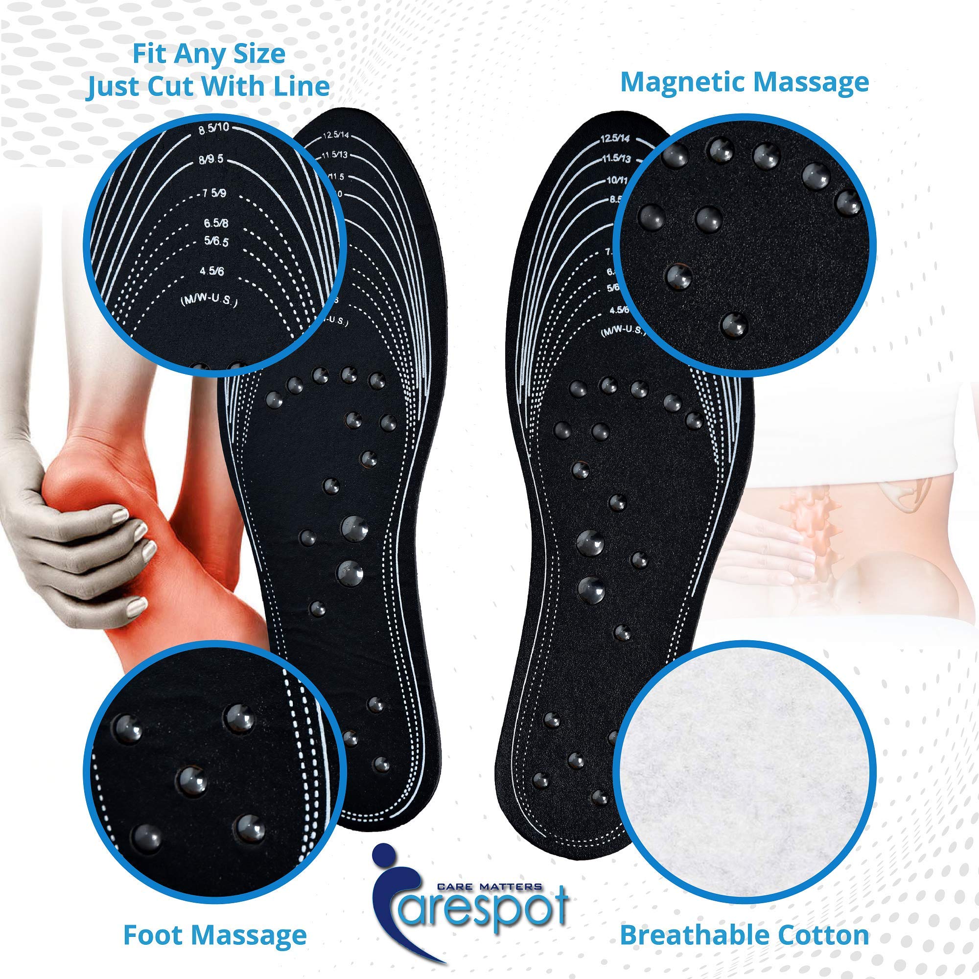 Carespot Magnetic Acupressure Massage Insoles for Men & Women - Reflexology Foot Therapy Pain Relief Shoe Insoles with Memory Foam | Unisex Orthotic Support for Plantar Fasciitis, Heel Spurs & Foot Fatigue - Perfect for Work, Running & Daily Comfort (Black)
