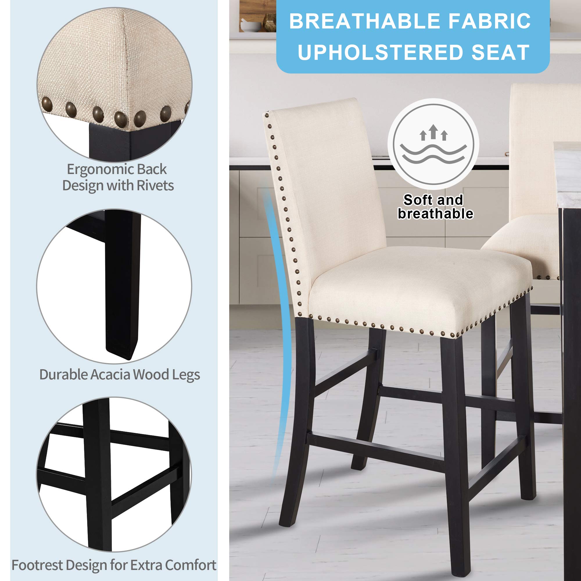 5-Piece Modern Counter Height Dining Set with High-Back Chairs & Marble Veneer Table - Beige Fabric Kitchen Pub Table for Small Spaces, Breakfast Nooks & Apartment Dining | Perfect for Entertaining, Family Meals & Compact Homes