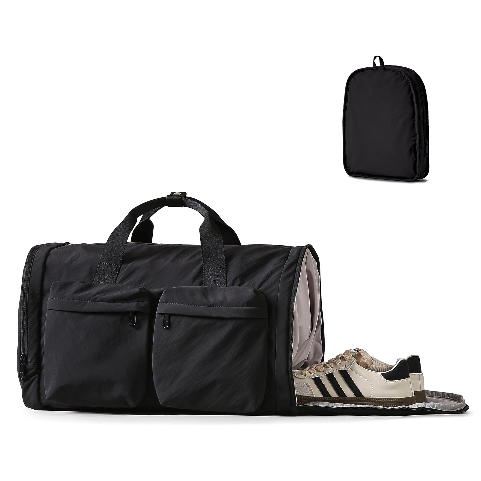 Black Gym Bag for Women & Men with Shoes Compartment | 3-in-1 Carry On Travel Duffel Bag with Trolley Sleeve | Lightweight Water Resistant Sports Bag for Gym, Workout, Travel & Fitness | Perfect for Gym Locker, Weekend Getaways & Sports Practice