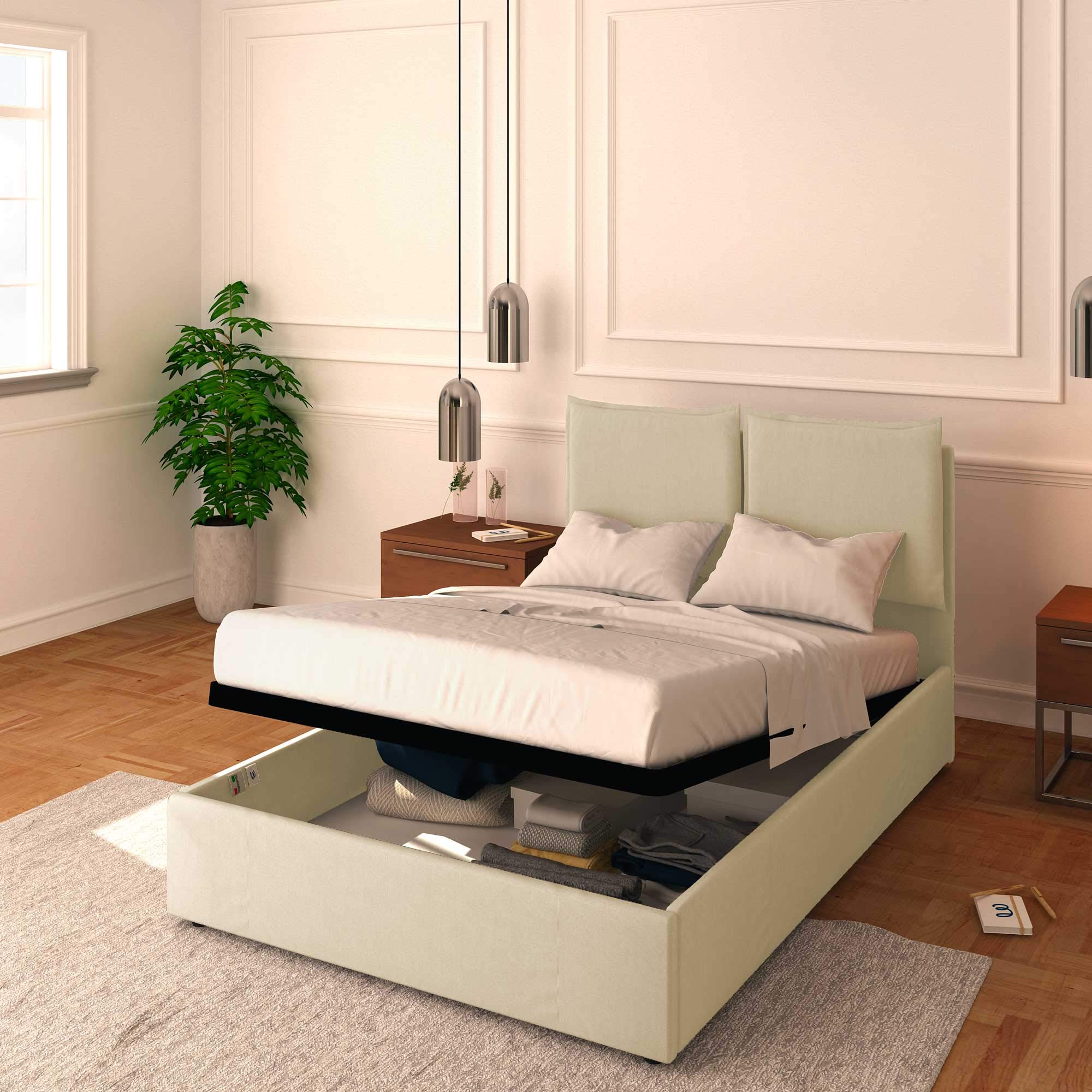 Baldiflex Licia Queen Size Storage Bed with Upholstered Headboard - Synthetic Leather, Slatted Base for 140x200cm Mattress, Beige - Perfect for Master Bedrooms & Guest Rooms