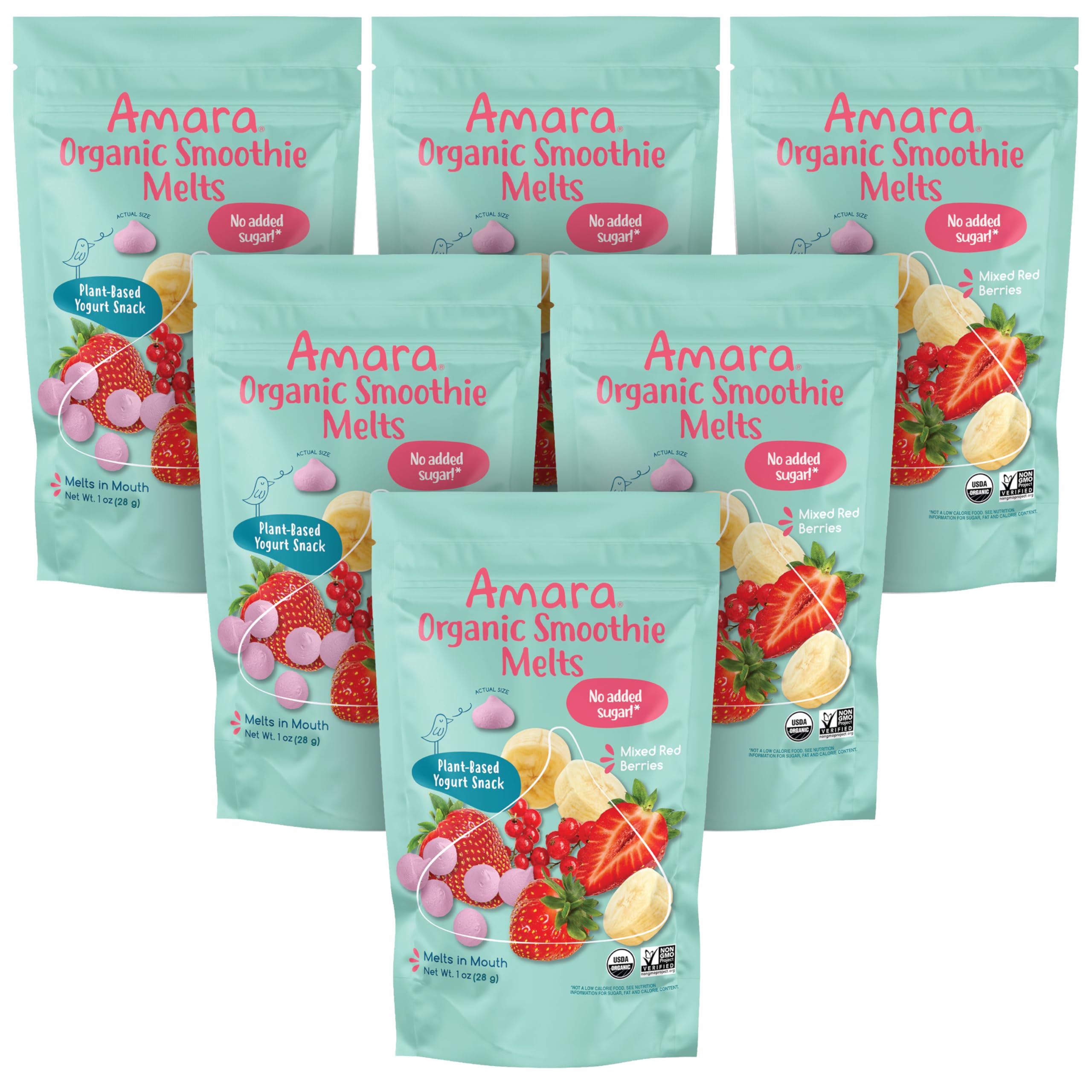 Organic Amara Smoothie Melts - Mixed Red Berries Baby Snacks | Healthy Fruit & Veggie Toddler Snacks | Plant-Based Yogurt Melts for Kids Lunch Box | 6 Resealable Bags | Perfect for On-the-Go Snacking & Daycare Treats