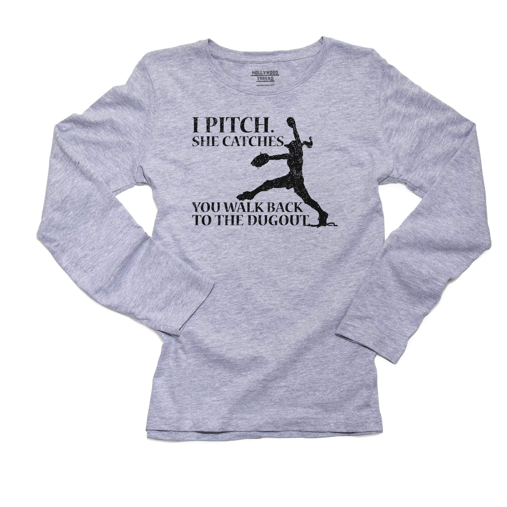Softball Pitcher Women's Long Sleeve T-Shirt - 'Hollywood Thread I Pitch She Catches You Walk Back to Dugout' Funny Baseball Tee for Players & Fans - Perfect for Games, Practice & Team Spirit