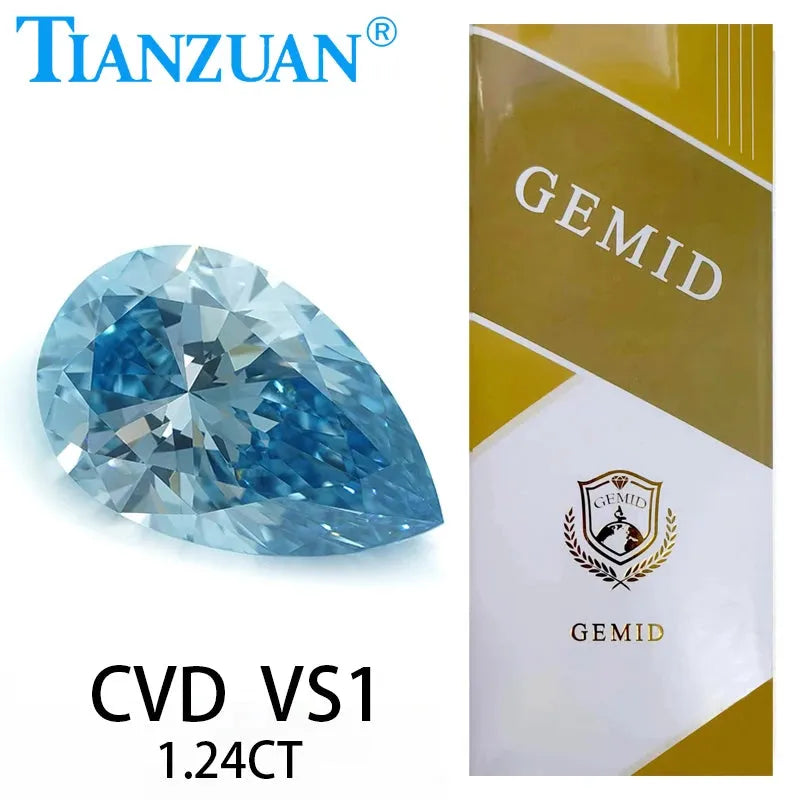 1.24ct VVS1 Lab Grown CVD Diamond - Fancy Intense Blue Pear Shape 2EX Loose Gemstone with GEMID Certification | Perfect for Engagement Rings, Earrings & Custom Jewelry Designs