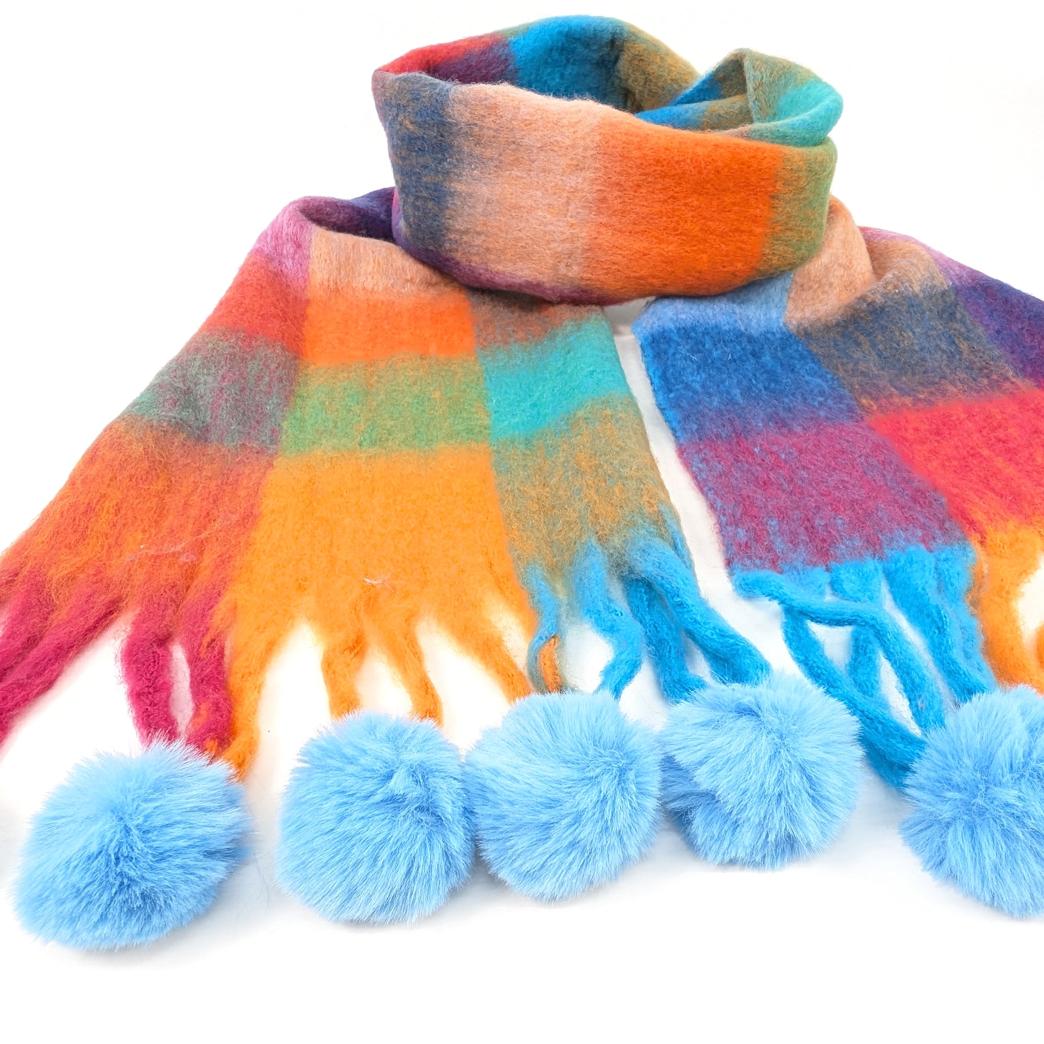 Skala Extra Thick Check PomPom Scarf (40x210cm) - Bold Colors for Winter Fashion, Women's Knitted Wool Scarf for Cold Weather, Christmas Gift