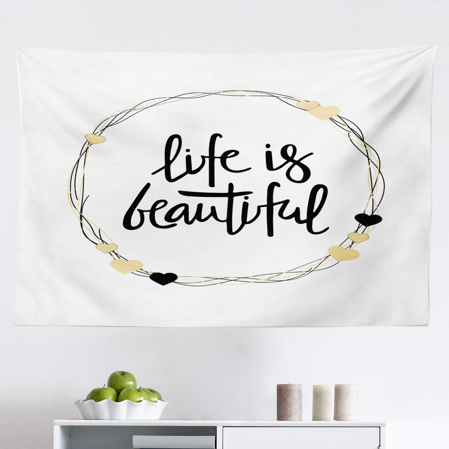 Ambesonne Inspirational Wall Tapestry - Positive Words in Heart Circle Design, Yellow Grey Fabric Wall Art for Bedroom, Living Room & Dorm Decor (45x30 inches) - Perfect for Boho Home Decor, College Dorm Room & Meditation Space