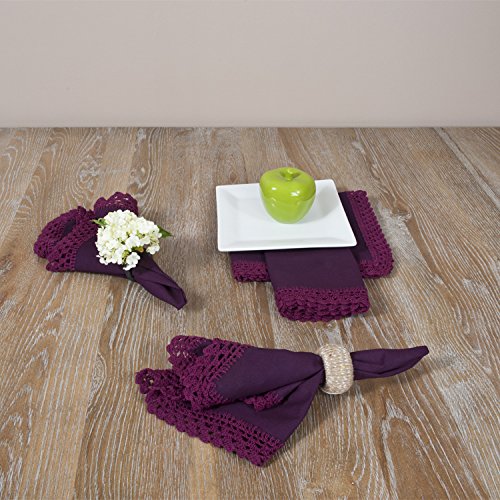 Elegant Sangita Crochet Lace Napkins Set of 4 - Violet Floral Embroidered Table Linens for Dining, Wedding, and Tea Party Decor
