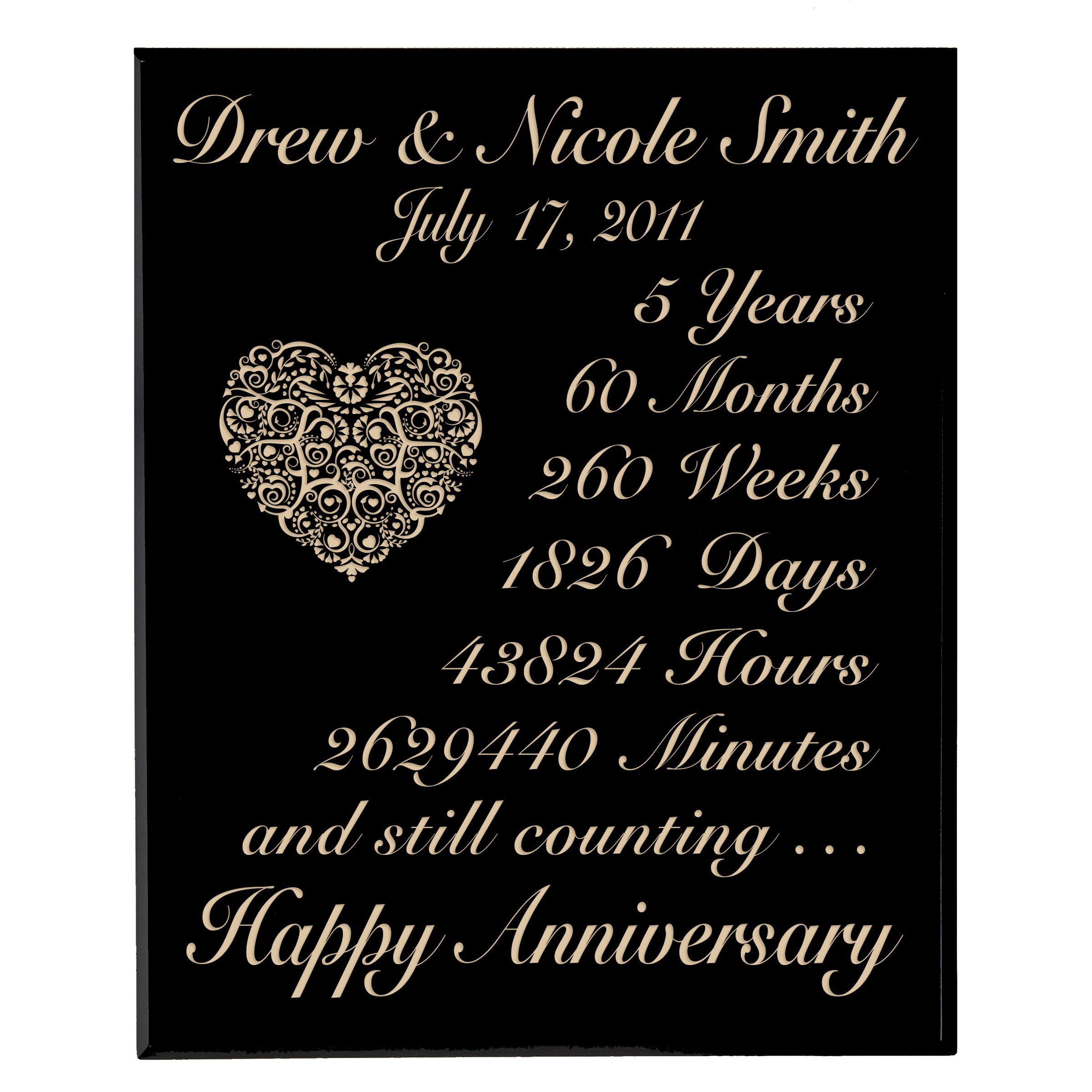LifeSong Milestones Personalized 5th Wedding Anniversary Gift - Engraved Wooden Wall Plaque for Couples - 5 Year Anniversary Ideas for Him & Her - Solid Black Maple Wood - Perfect for Home Decor & Romantic Gifts