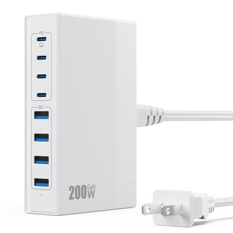 200W GaN III USB C Fast Charger Block - 8-in-1 PD Charging Station with 65W Laptop Charger - Compatible with MacBook Pro/Air, Dell XPS, iPhone 16/15/14, iPad, Galaxy S24 - Portable Travel Charger Hub (White) | Perfect for Home, Office & Travel Charging Needs