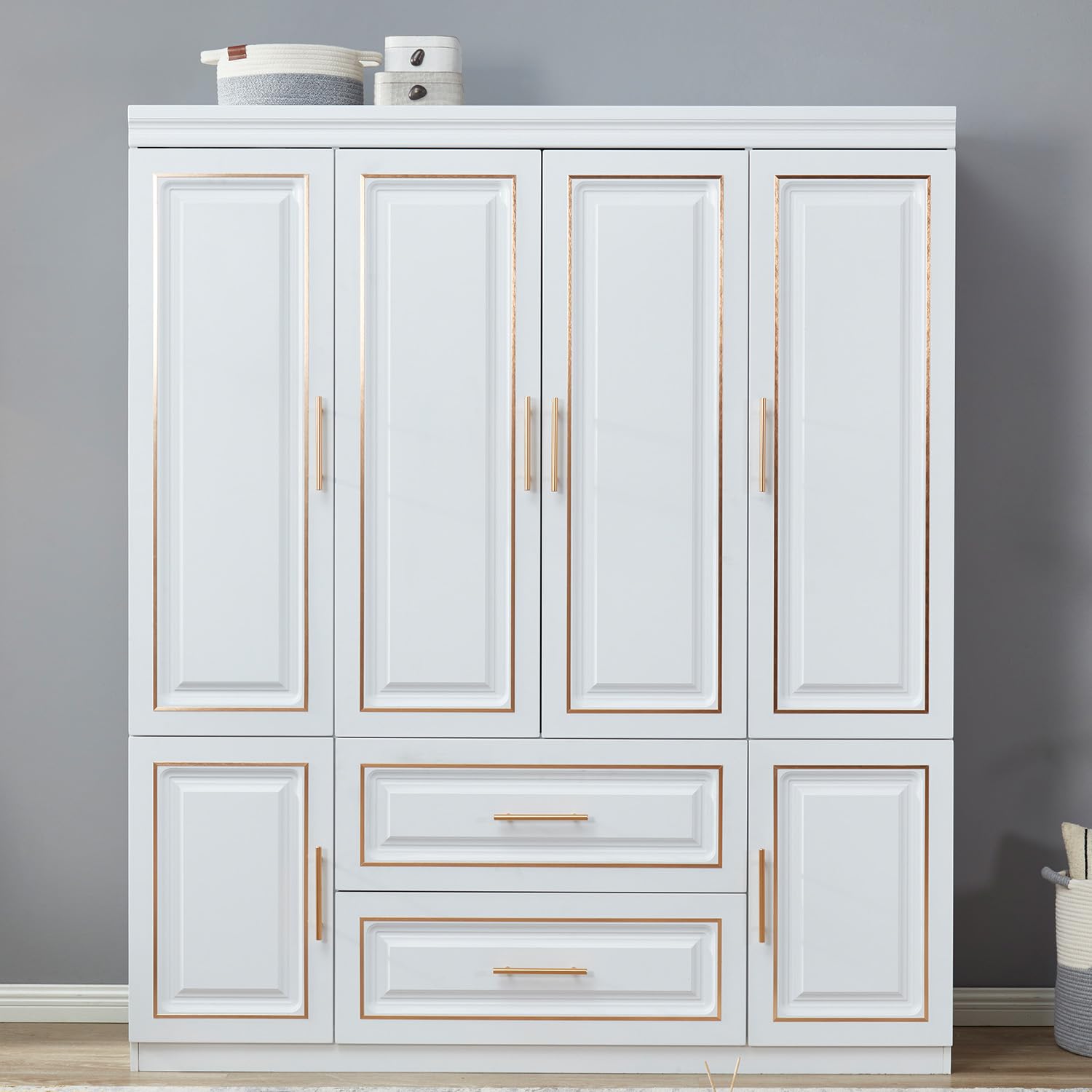 Luxury 4-Door Wardrobe Closet with 2 Wooden Drawers & Shelves - White Tall Storage Cabinet with Hanging Rod for Bedroom, Closet Organization & Home Decor - FSD-YG-17