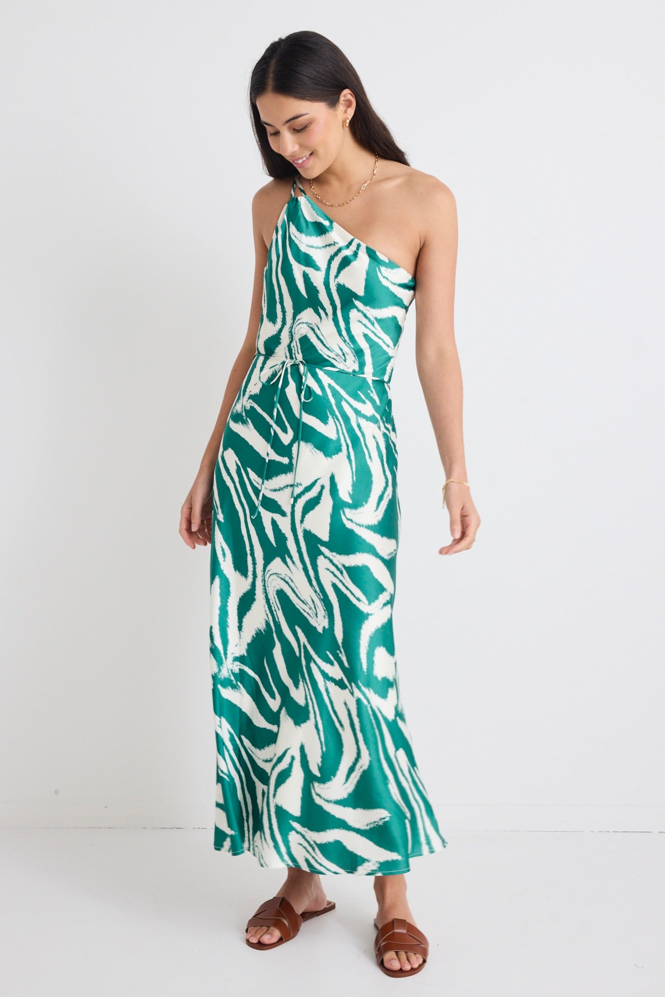 Fame Green Zebra Satin One Shoulder Bias Slip Dress - Elegant Evening Gown for Cocktail Parties & Date Nights