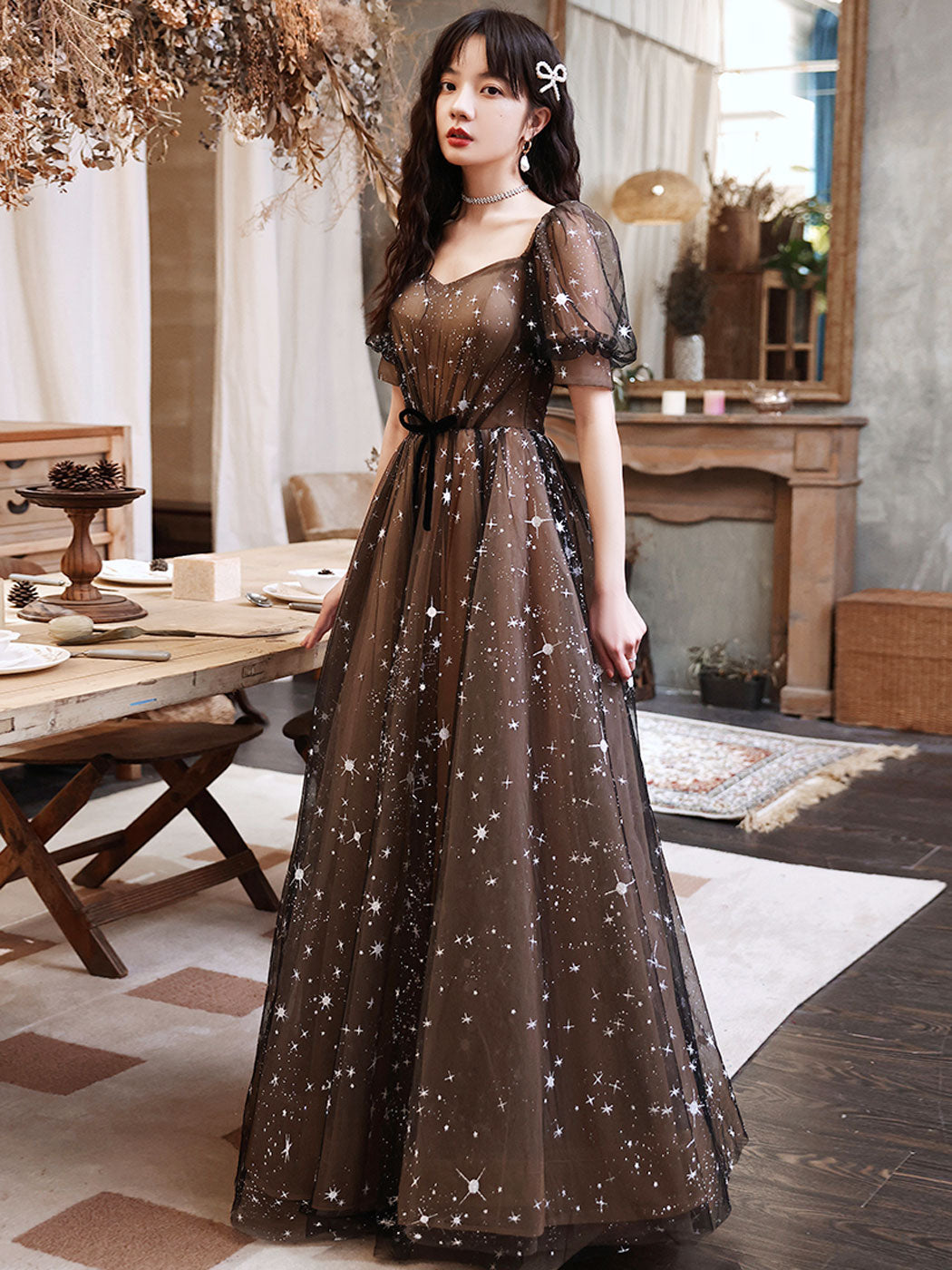 Elegant Black A-Line Lace Long Prom Dress with Tulle Skirt - Formal Evening Gown for Homecoming, Quinceañera & Special Occasions