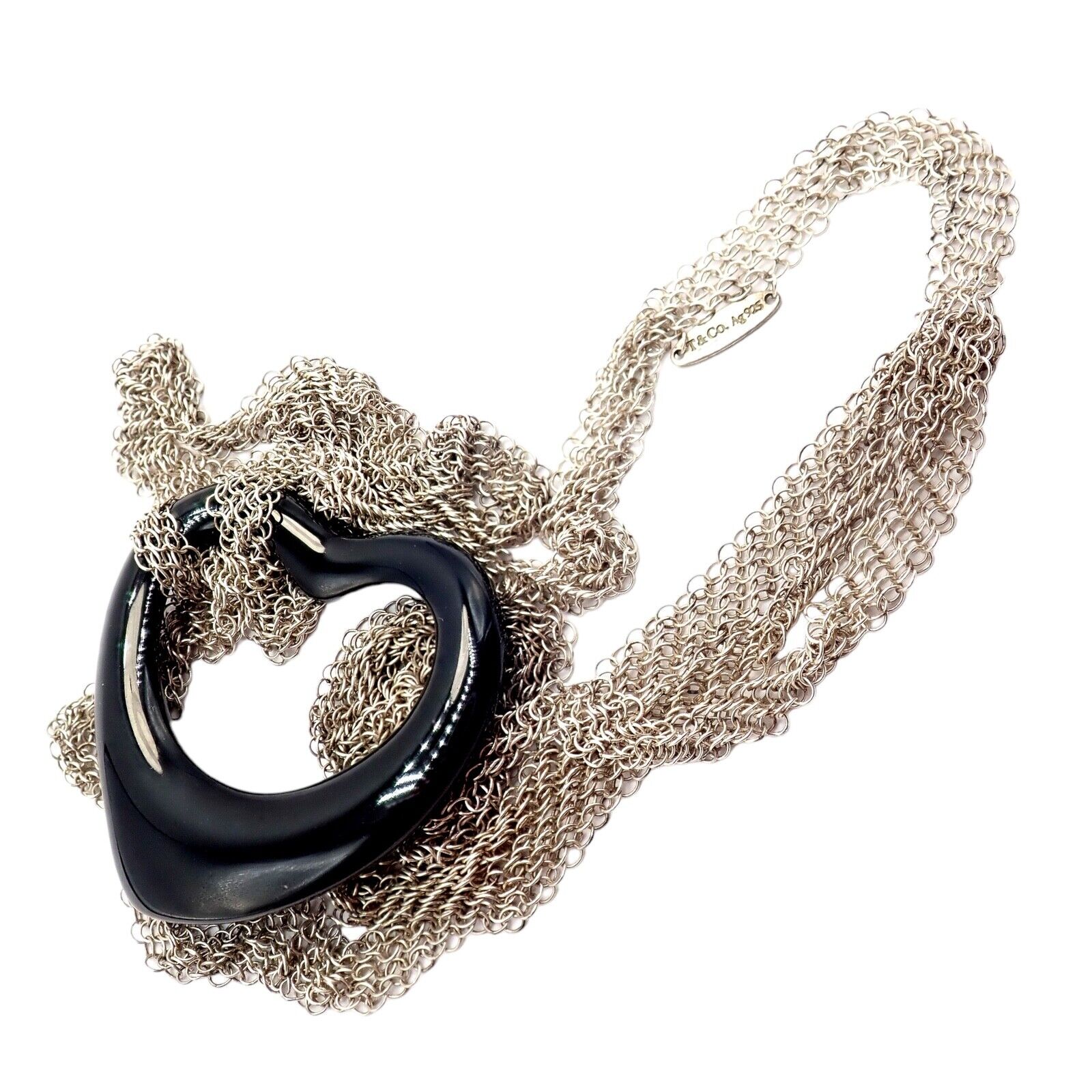 Tiffany & Co Sterling Silver Peretti 35mm Large Open Onyx Heart Pendant Necklace - 28