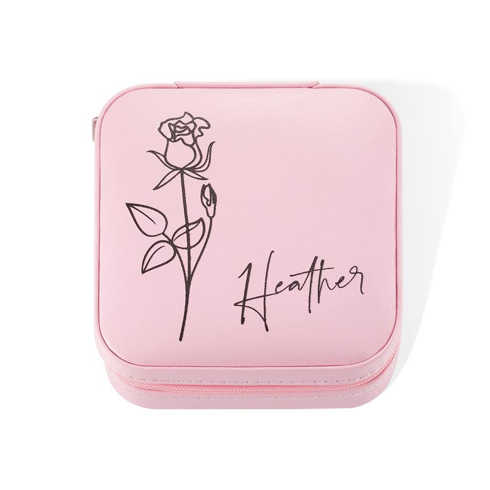 Personalized Leather Jewelry Box with Engraved Name & Birthday Flower - Custom Jewelry Travel Case for Women, Gift for Wife, Ring Earrings Necklace Storage Organizer - Perfect for Travel, Birthday Gifts & Anniversary Presents