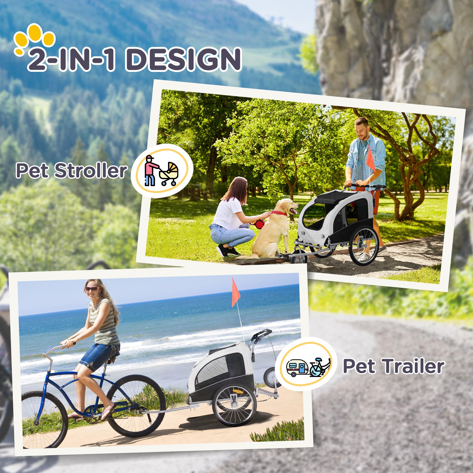Aosom 2-in-1 Dog Bike Trailer & Pet Stroller with Canopy, Storage Pockets - Perfect for Cycling, Jogging, and Outdoor Adventures with Your Pet