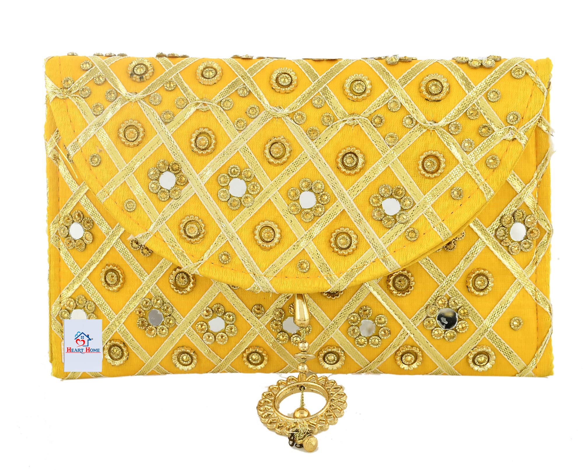 Elegant Gold Mirror Work Silk Envelope Clutch Bag for Women - Traditional Indian Bridal Handbag for Weddings, Parties & Casual Occasions | Perfect for Evening Events, Date Nights & Special Celebrations