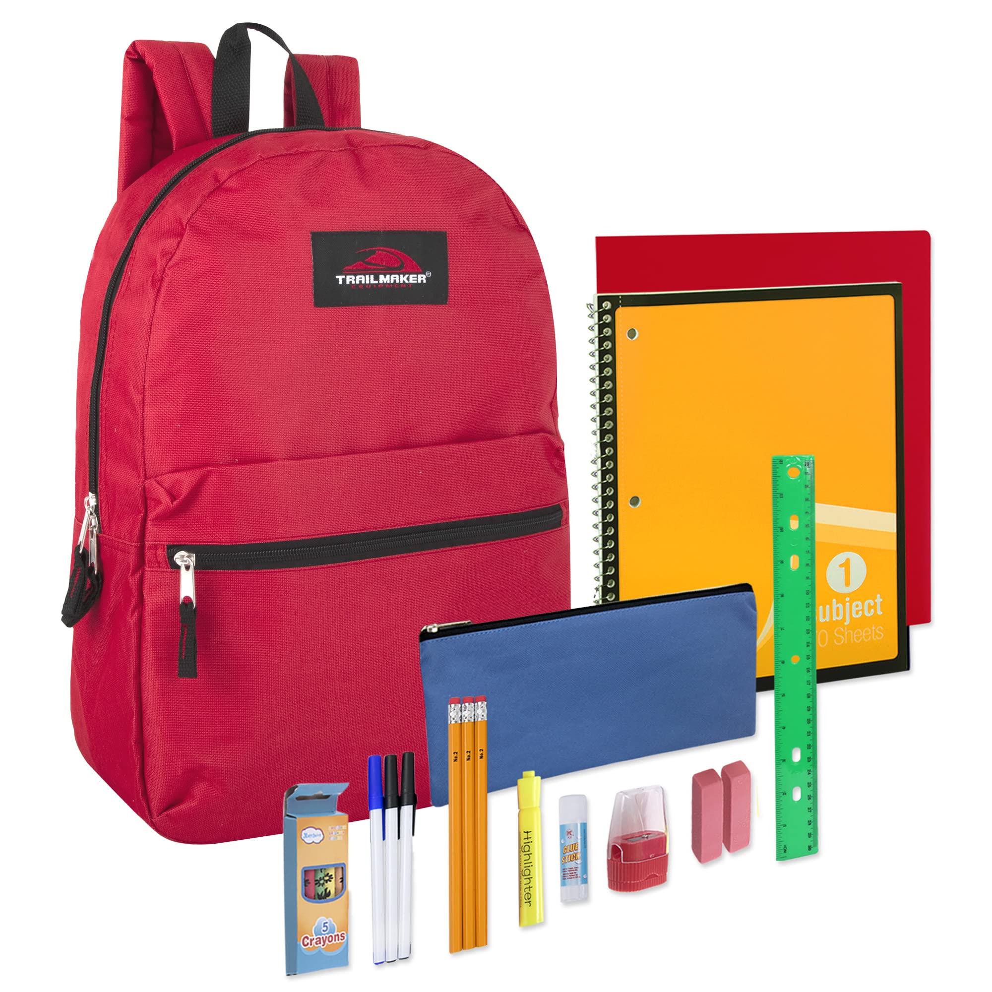 Trail Maker Kids Backpack with 20-Piece School Supplies Set - 17 Inch Durable Backpack for Boys & Girls (Red) - Perfect for School, Travel & Outdoor Adventures