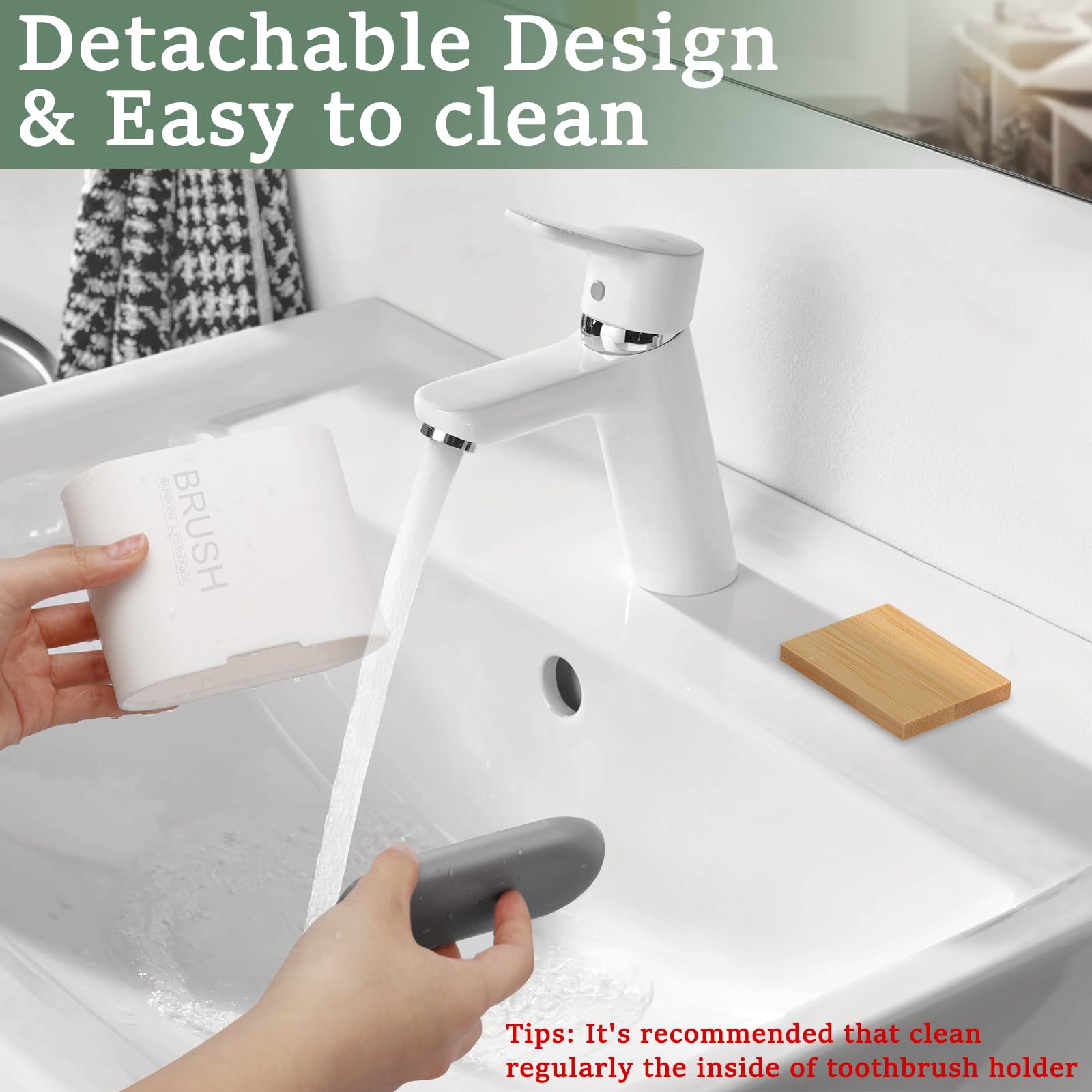 Bamboo Toothbrush and Toothpaste Holder with Detachable Divider - 2 Slot Bathroom Countertop Organizer for Electric Toothbrushes, Easy to Clean with Drainage Holes - Perfect for Family Bathroom Organization (White)
