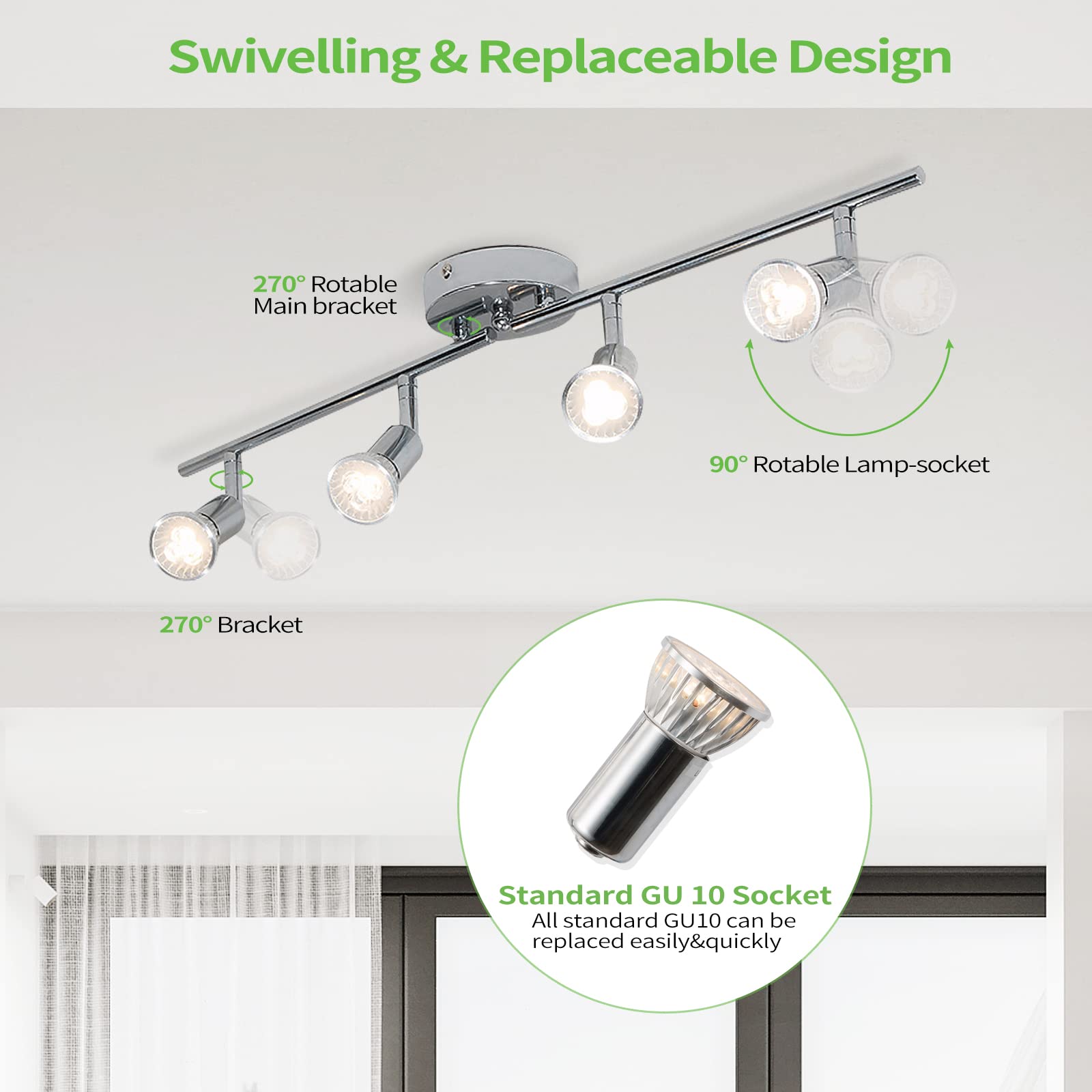 QCYUUI Modern 4-Light LED Track Lighting Kit - Adjustable Flush Mount Ceiling/Wall Spot Lights with Chrome Rotatable Heads - Includes 4×GU10 Bulbs - Perfect for Kitchen, Living Room, Dining Room & Retail Spaces