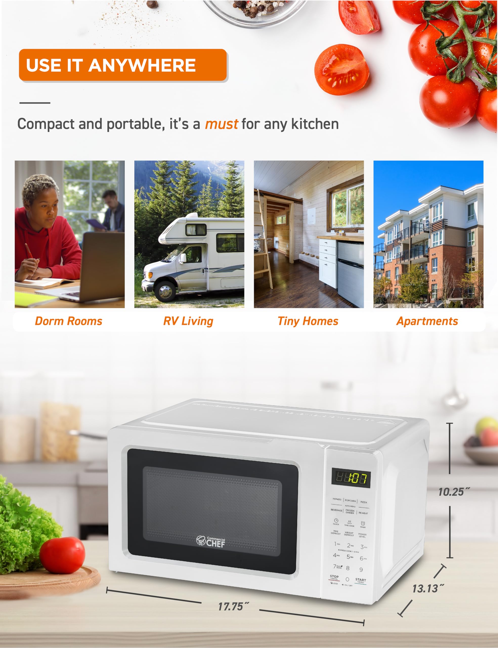 Commercial Chef 0.7 Cu Ft Compact Microwave Oven - 700W Countertop Microwave with 10 Power Levels, Pull Handle, 99-Minute Timer & Digital Display - Perfect for Dorms, Offices & Small Kitchens (White)