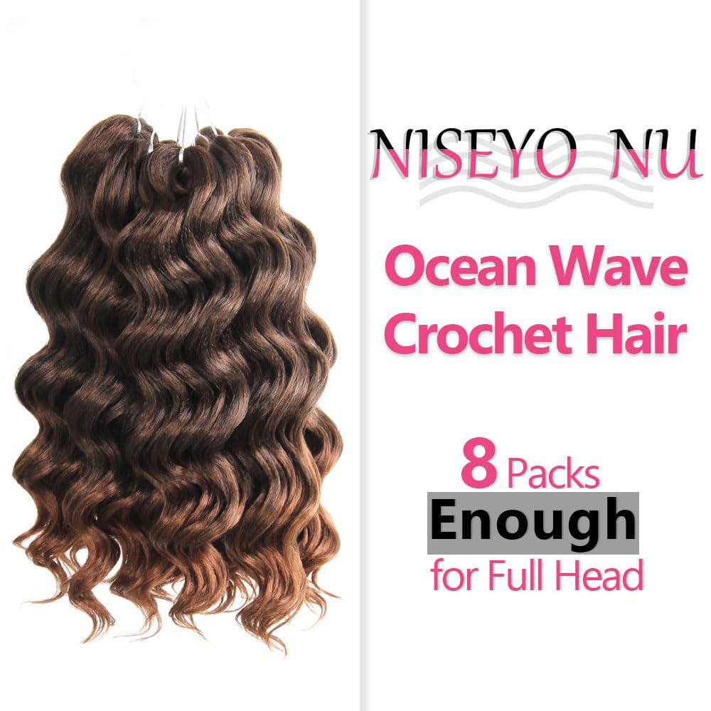 9 Inch Short Ocean Wave Crochet Hair - 8 Packs Synthetic Deep Wave Crochet Braids in T30 Ombre Light Brown | Perfect for Boho Hairstyles, Protective Styling & Everyday Wear