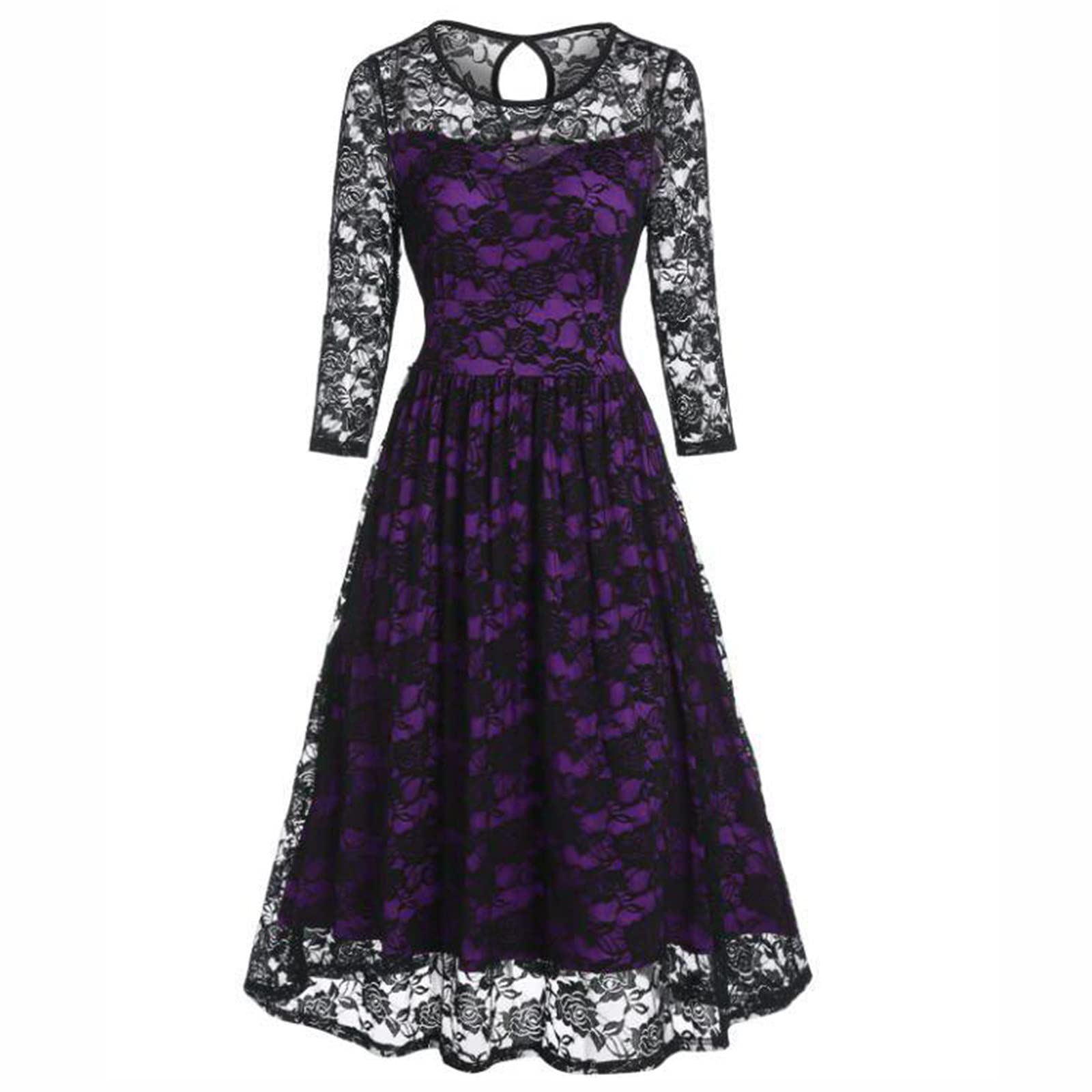 Gothic Vintage Women's Long Sleeve V-Neck Swing Dress - Elegant Midi Cocktail Party Gown for Halloween, Cosplay & Formal Events
