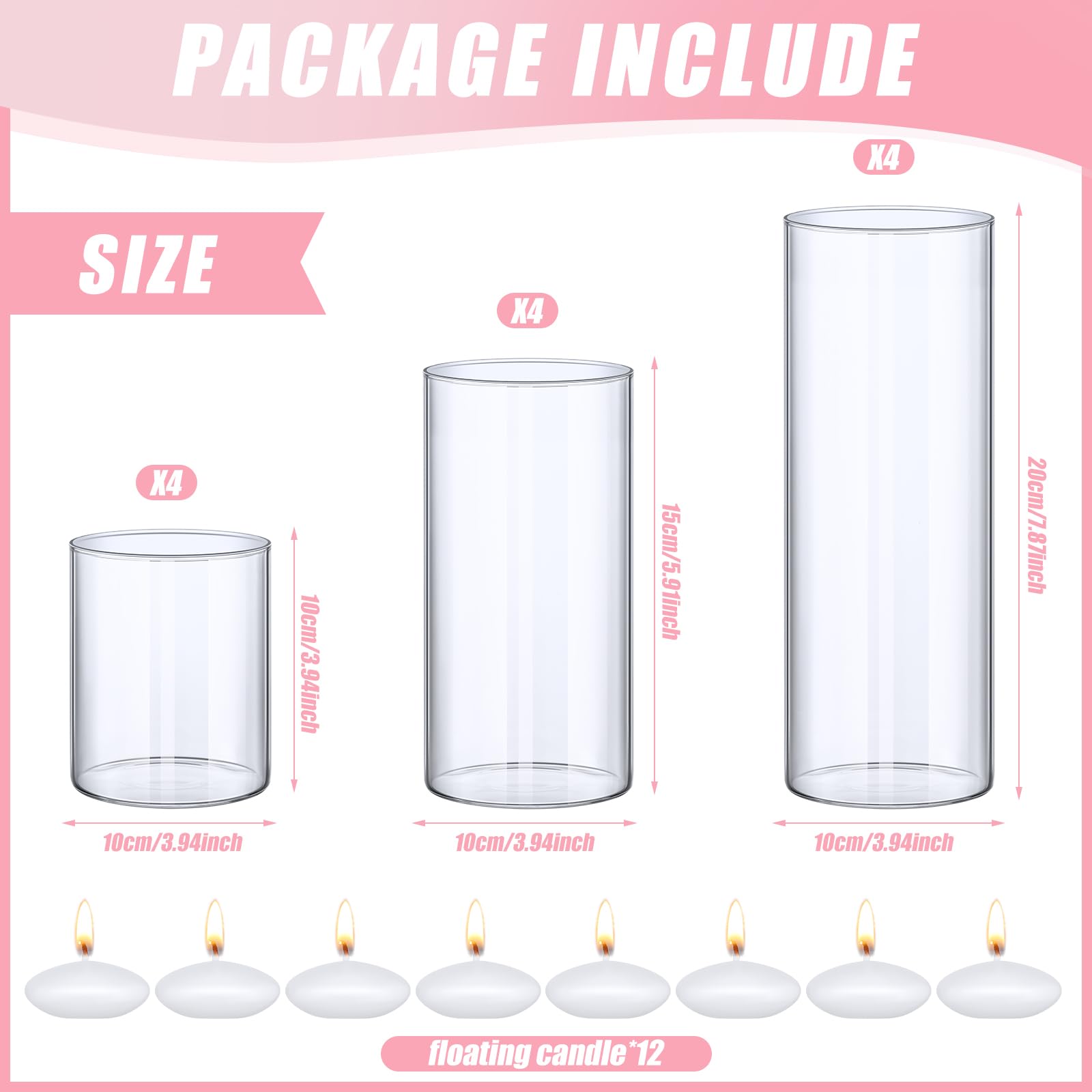 36 Pcs Clear Glass Cylinder Vase Set with Floating Candles - 4/6/8 Inch Tall Centerpiece Vases for Weddings, Parties & Home Decor - Perfect for Table Decorations, Floral Arrangements and Romantic Ambiance