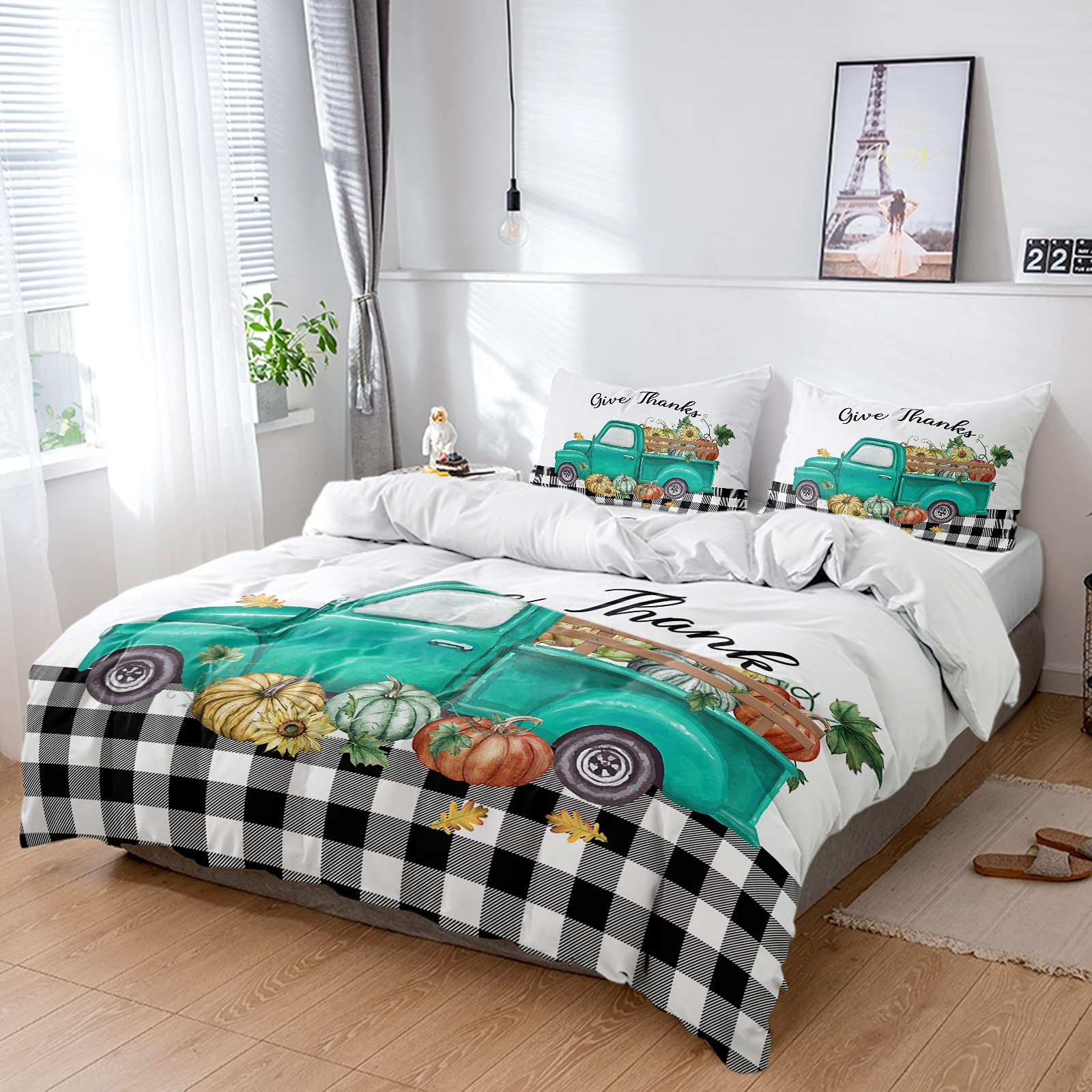 LOVE HOME DAY 4-Piece Luxury Soft Duvet Cover Set - Full Size Watercolor Farm Vegetable Pumpkin & Floral Design with Matching Pillowcases (Teal Truck) - Perfect for Farmhouse, Cottage & Boho Bedroom Decor