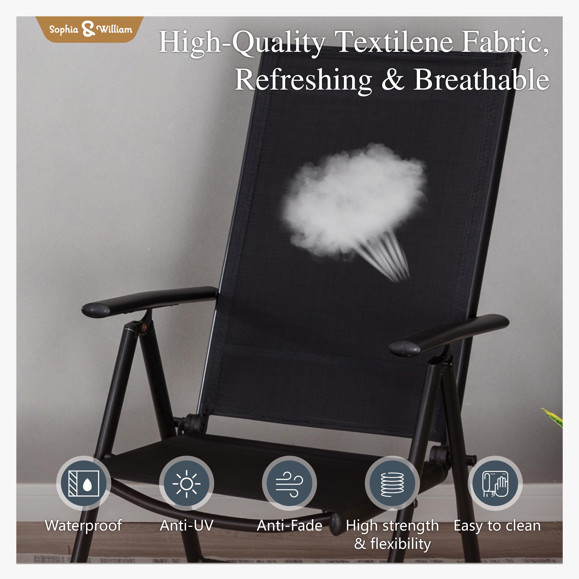Sophia & William 4-Pack Outdoor Folding Chairs - Adjustable 7-Level Backrest, Lightweight Portable Textilene Patio Dining Chairs (Black) - Perfect for Backyard BBQs, Beach Trips, Camping & Picnics