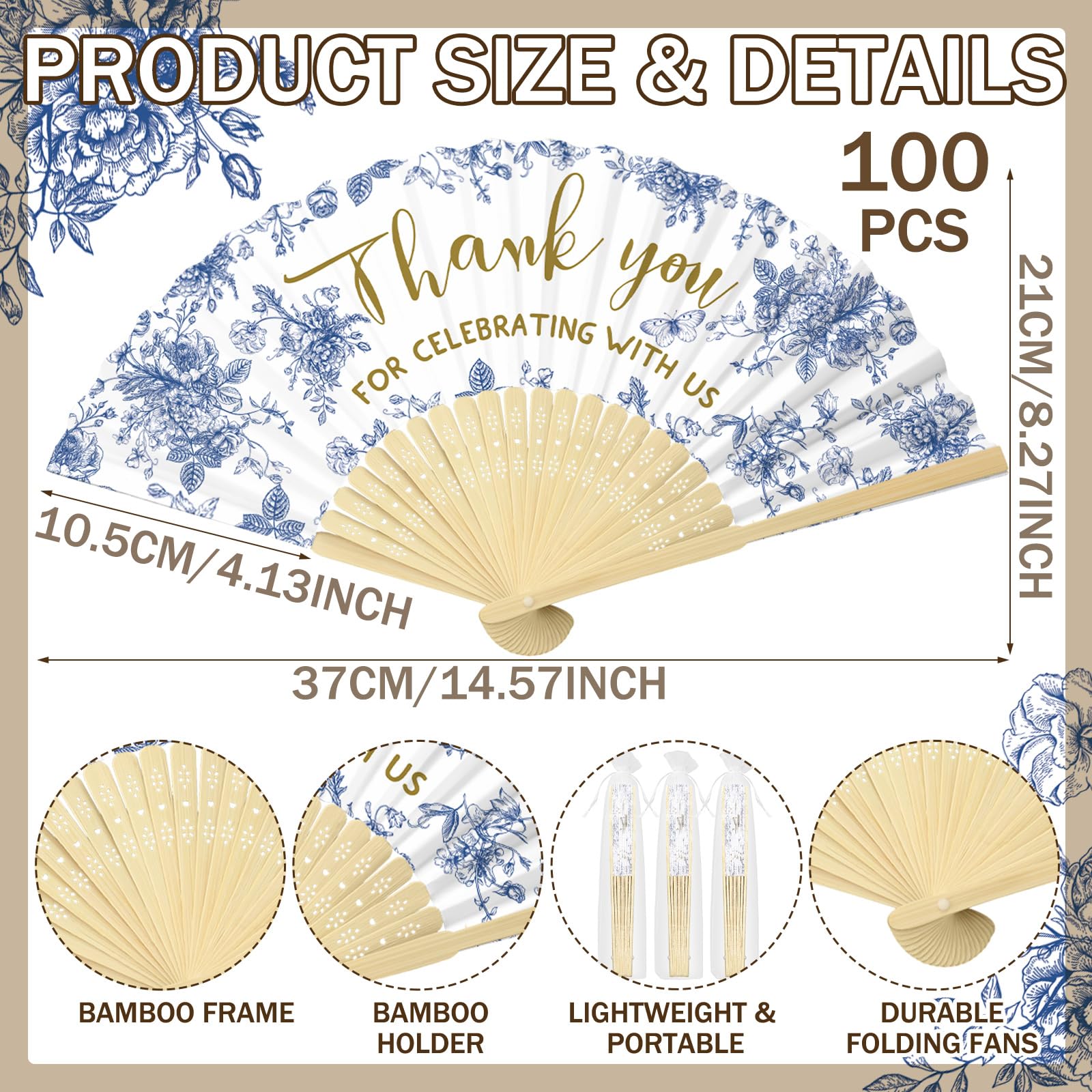 50 Pcs Wedding Hand Fans - Elegant Foldable Paper Fans with Organza Bag, Bridal Shower Favors, Bridesmaid Gifts (Blue White Floral) - Perfect for Outdoor Weddings, Garden Parties & Guest Thank You Gifts