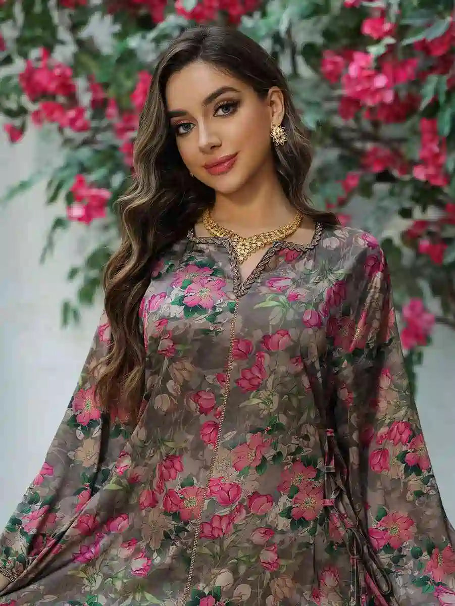 Elegant Eid Printed Hotfix Rhinestone Caftan Dress for Women - Perfect for Celebrations, Parties & Special Occasions | Stunning Embellished Kaftan for Festive Events & Holiday Gatherings