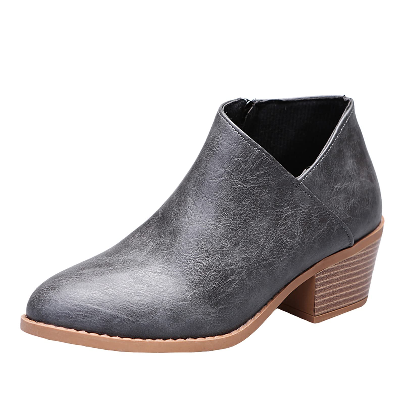 Stylish Women's Ankle Booties - Non-Slip Round Toe Heeled Boots with Zipper (Grey) | Perfect for Office, Party & Fall Fashion