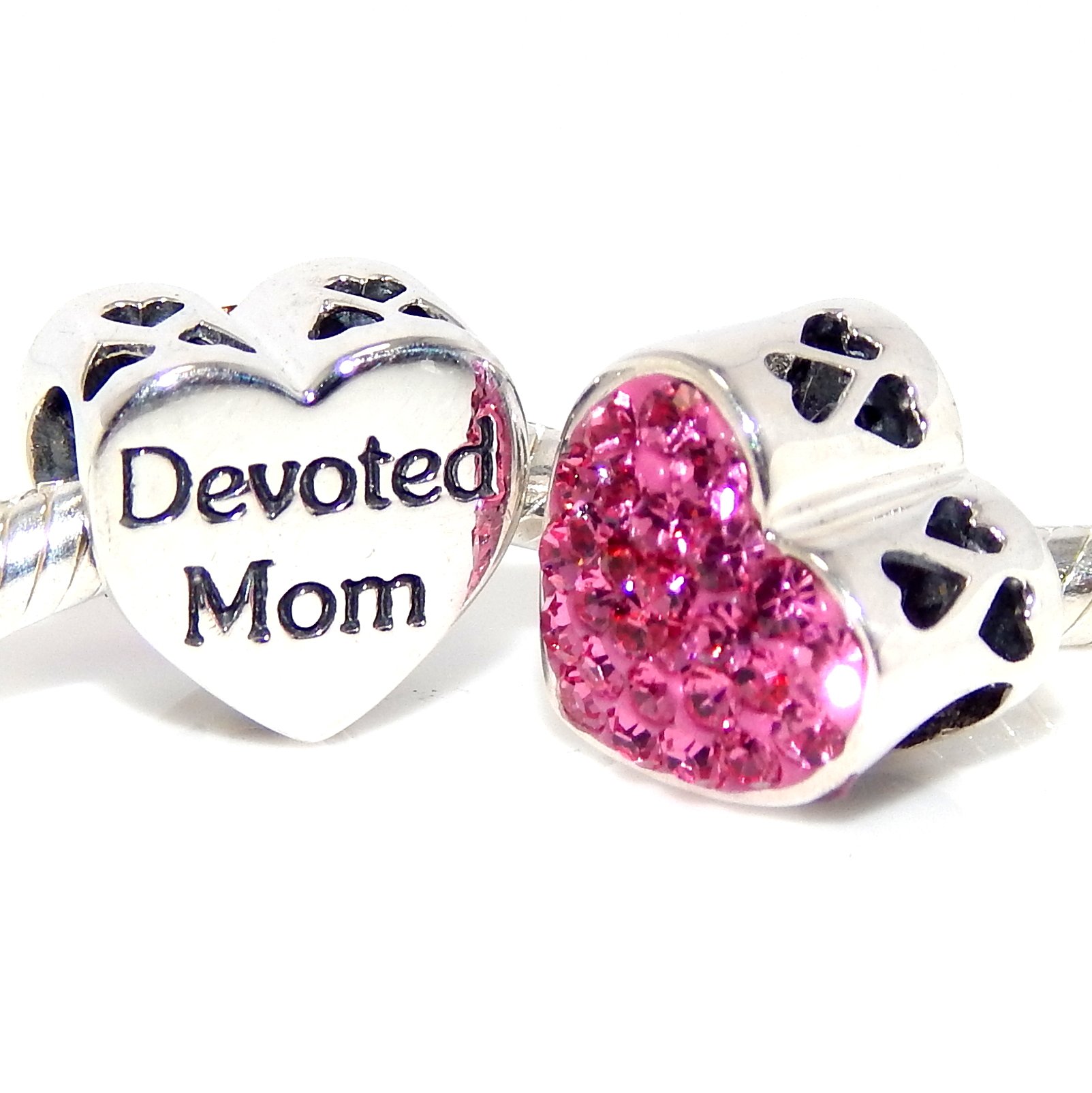 925 Silver Mom Heart Charm with Pink Crystals - Perfect for Bracelets & Necklaces