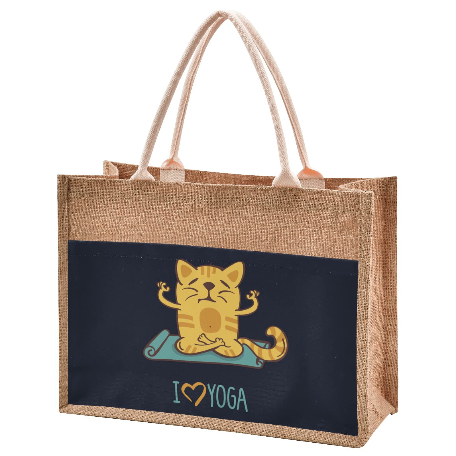 Eco-Friendly Dark Blue Jute Tote Bag with Cute Cat Design - Reusable Grocery Shopping Bag for Beach, Market & Wedding Gifts | Sustainable Burlap Straw Bag for Women & Men
