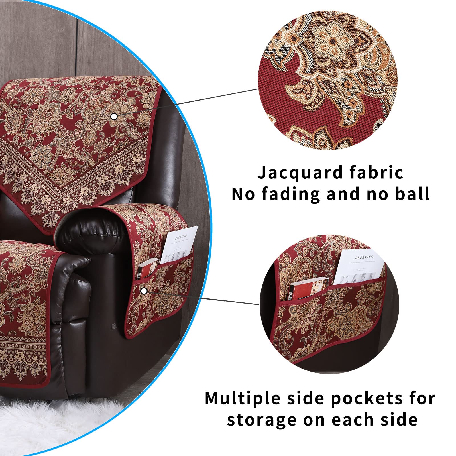Waterproof Recliner Sofa Covers Non-Slip 3-Seater Jacquard Furniture Protector - Washable Split Design for Living Room, Home Theater & Family Room (Red)