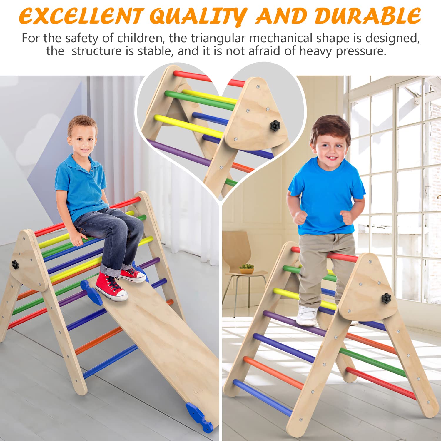 Foldable Wooden Climbing Triangle Ladder with Slide Ramp - 3-Piece Montessori Play Gym Set for Toddlers | Indoor & Outdoor Climbing Toys for Kids | Perfect for Backyards, Playrooms & Daycare Centers