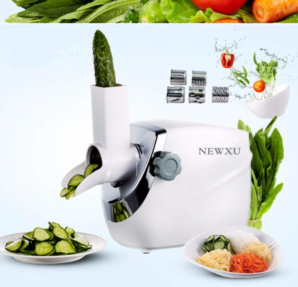 Electric Rotary Cheese Grater & Vegetable Slicer - 5 Interchangeable Blades for Fruits, Nuts, Chocolate | 220V Mandoline Slicer & Salad Maker Machine (White) | Perfect for Meal Prep, Salad Bars & Home Cooking