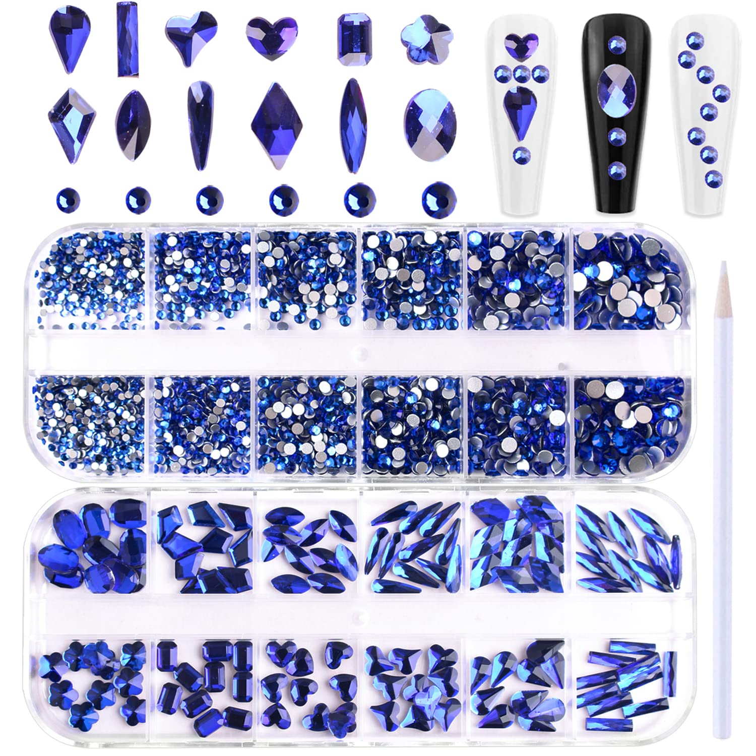 SILPECWEE 2 Pack Blue Flat Back Rhinestones for Nails - 3D Nail Art Gems, Glass Crystals & Diamond Decorations Kit with Picker Pencil - Perfect for DIY Manicure, Salon Nail Designs & Party Glam Looks