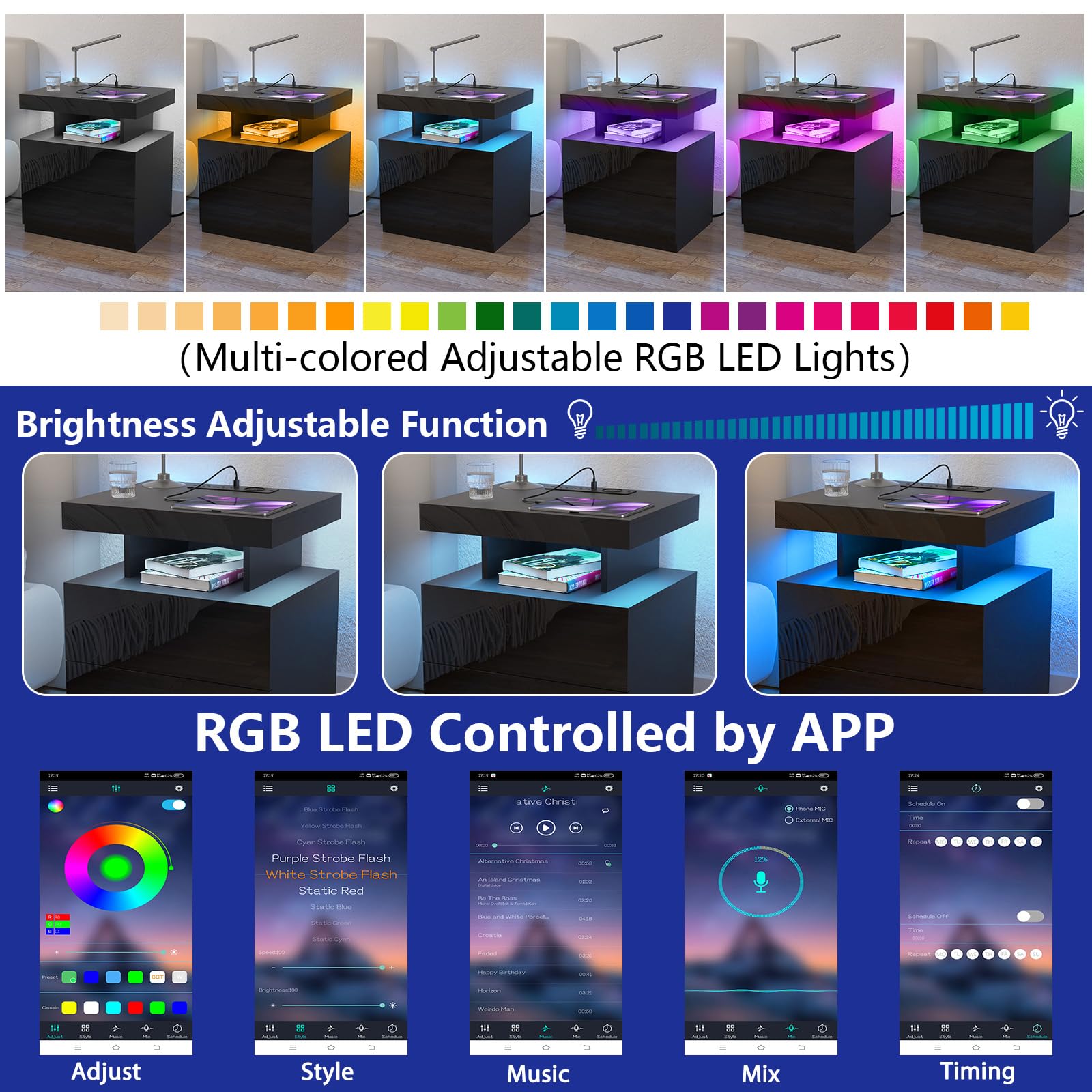 HOMMPA LED Nightstand with Wireless Charging, USB Ports & RGB Adjustable Lights - High Gloss Smart Bedside Table with 2 Drawers - Modern Black Night Stand for Bedroom, Living Room & Office Use
