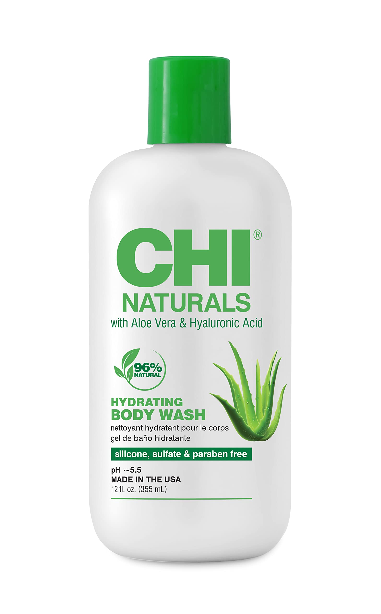 CHI Naturals Aloe Vera Hydrating Body Wash - Sulfate Free, Paraben Free & Cruelty Free - Moisturizing & Gentle Cleanser for Dry Skin - 12 Oz - Perfect for Daily Shower & Sensitive Skin Care