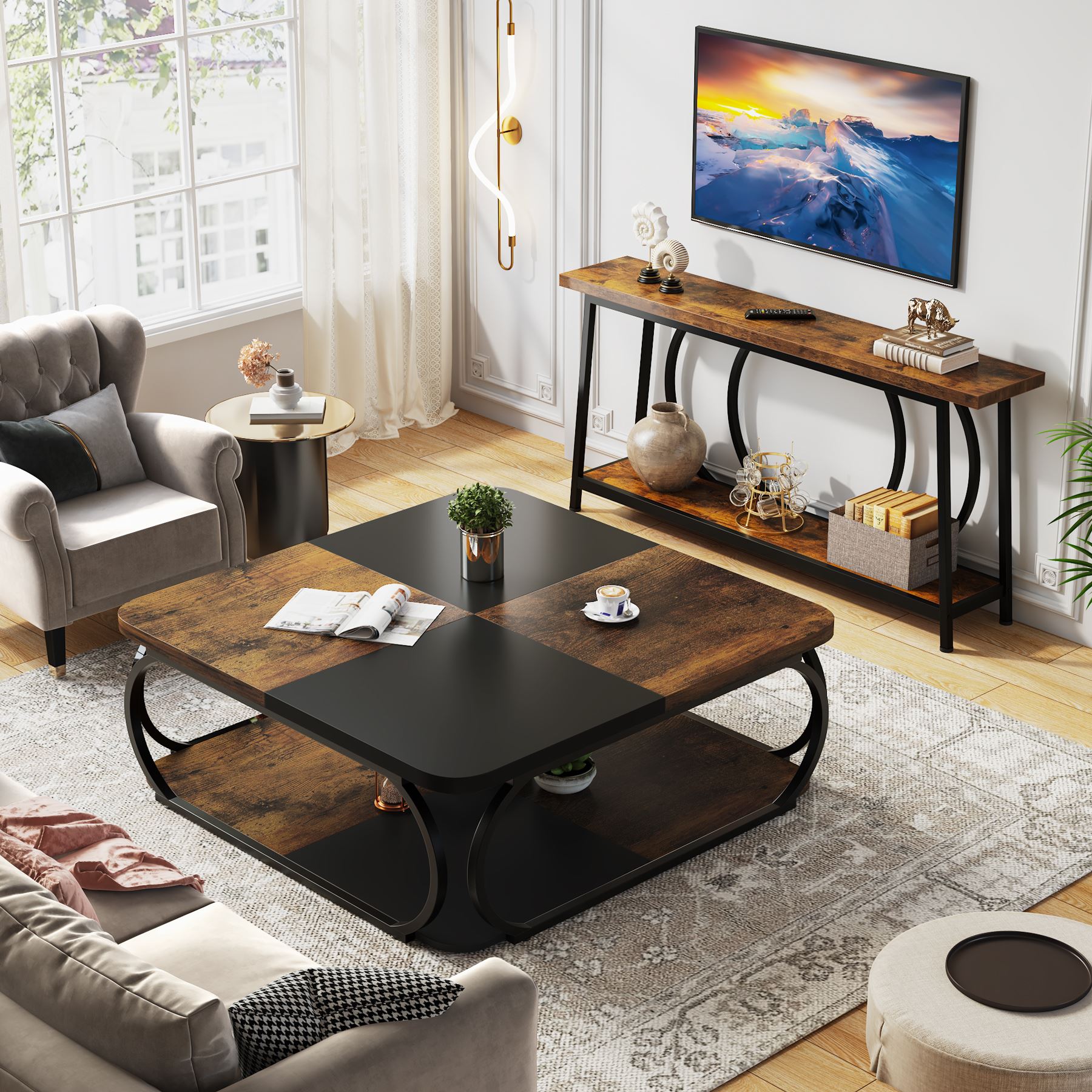 Modern Square Coffee Table with 2-Tier Shelves - 39 Inch Center Cocktail Table for Living Room - Perfect for Small Spaces, Home Decor & Entertaining Guests