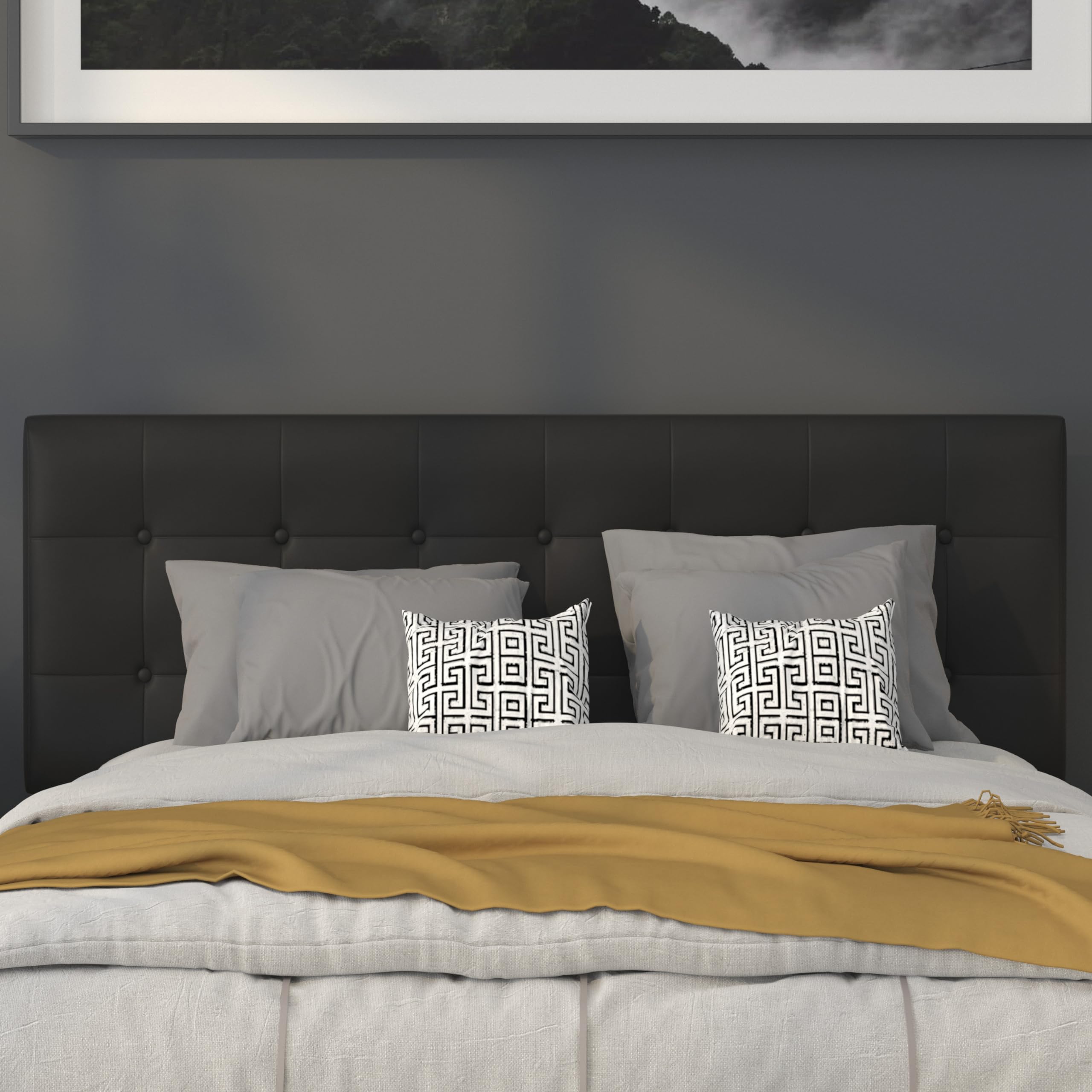 Flash Furniture Lennox Tufted Upholstered Queen Size Headboard - Adjustable Height Contemporary Vinyl Headboard in Black - Perfect for Modern Bedrooms & Guest Rooms