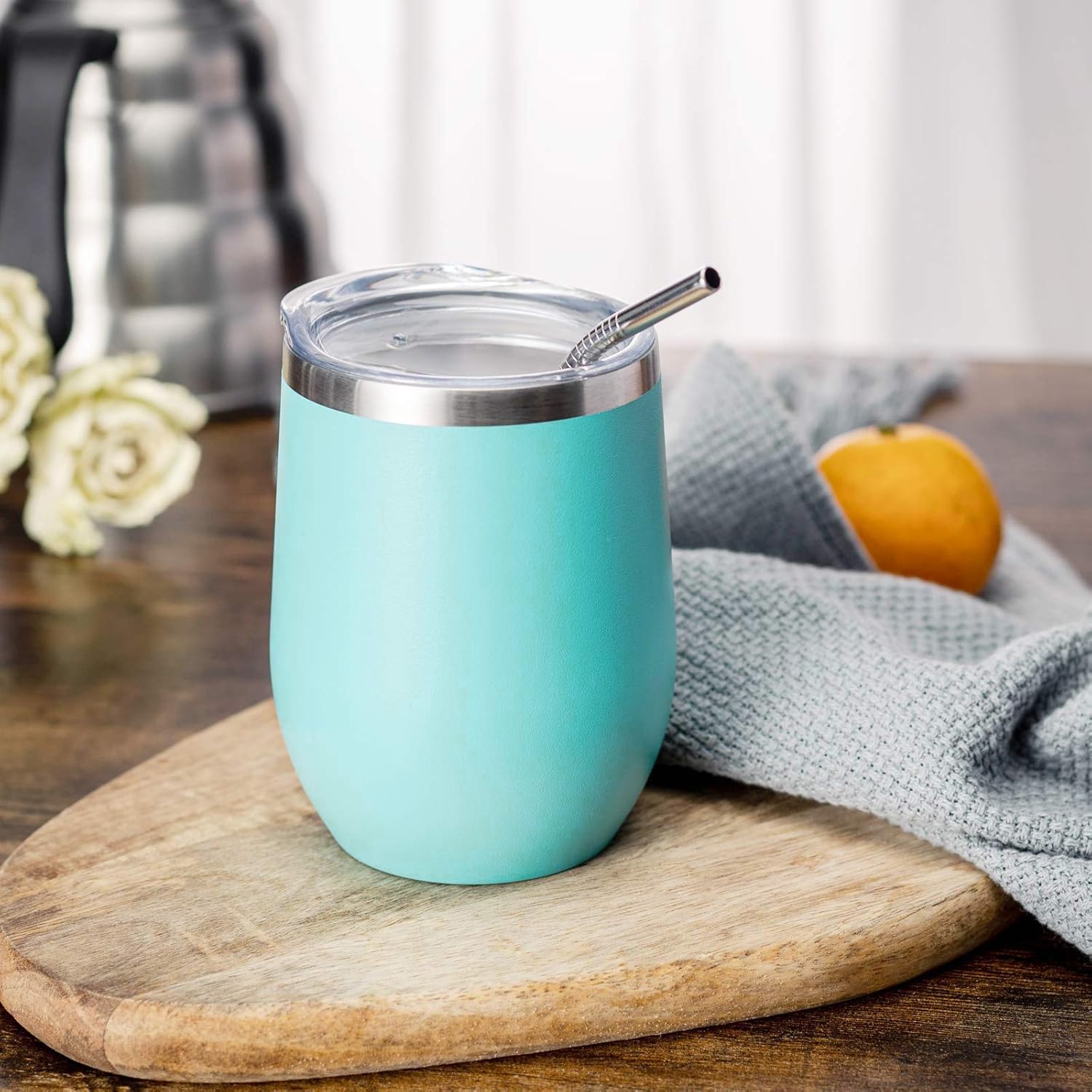 COMOOO 12oz Insulated Stainless Steel Wine Tumbler with Lid & Straw - 8 Pack (Blue) - Keeps Hot & Cold Drinks Perfect Temperature - Ideal for Coffee, Wine, Champagne, Cocktails - Great for Parties, Picnics, Office & Outdoor Activities