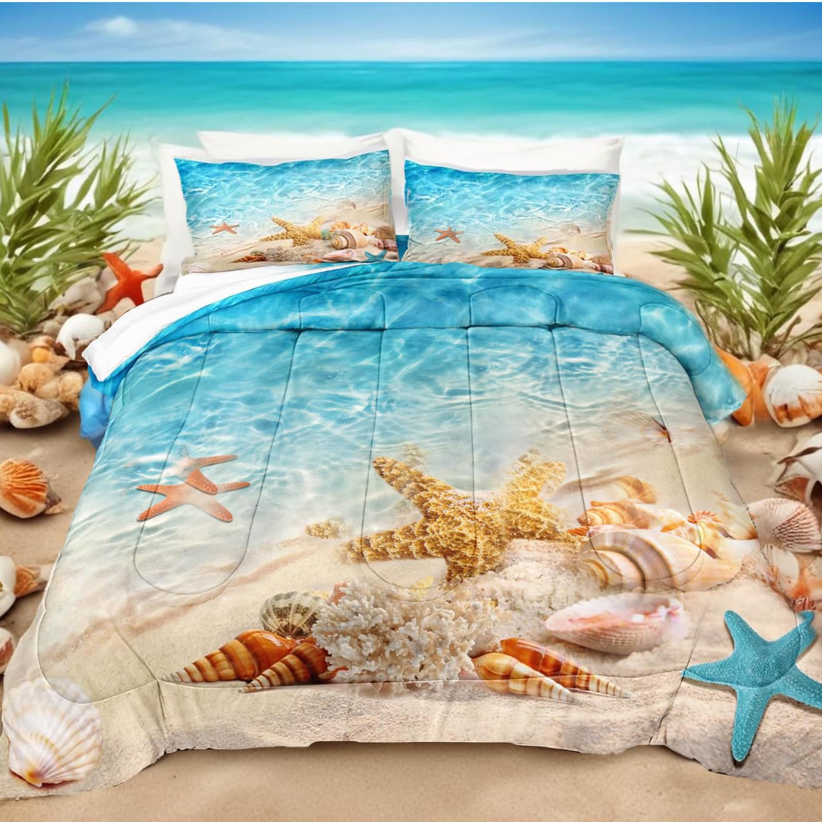 Queen Size Coastal Beach Theme Comforter Set - Turquoise Ocean Starfish Marine Life Bedding, Soft Microfiber 3-Piece Quilt Set (Aqua) | Perfect for Beach House, Guest Room & Coastal Decor