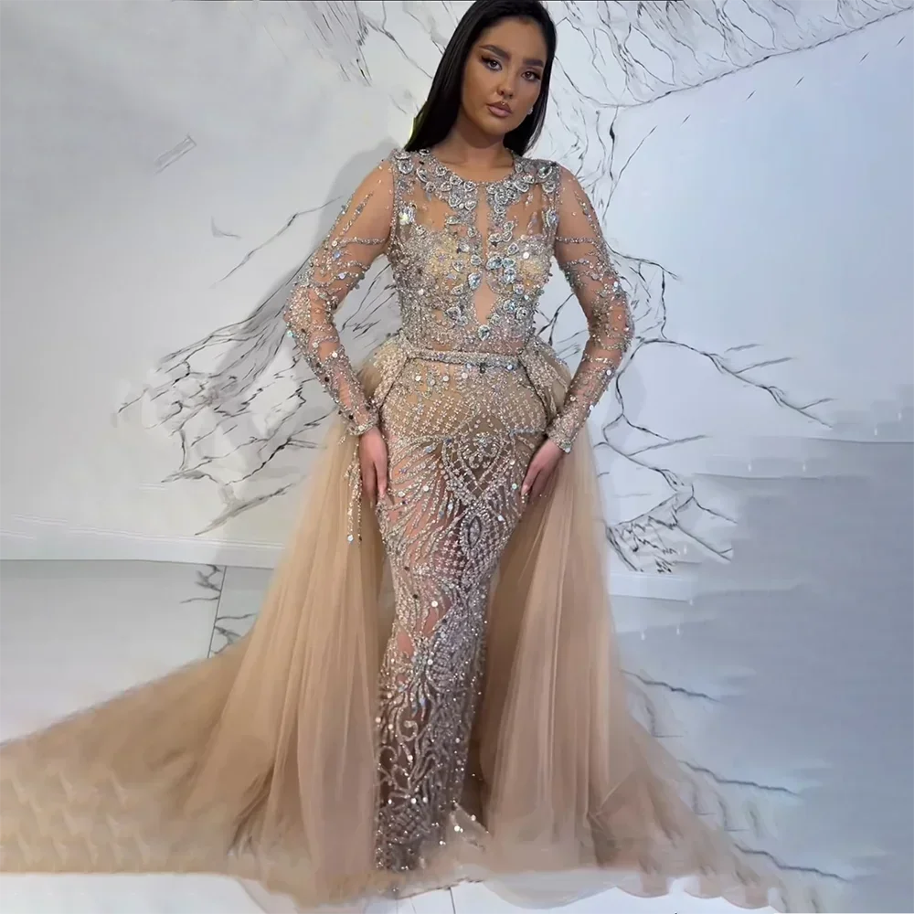 Elegant Muslim Silver Mermaid Evening Gown with Detachable Beaded Overskirt - Women's Formal Wedding & Party Dress LA71919 | Perfect for Bridal Showers, Red Carpet Events & Special Occasions
